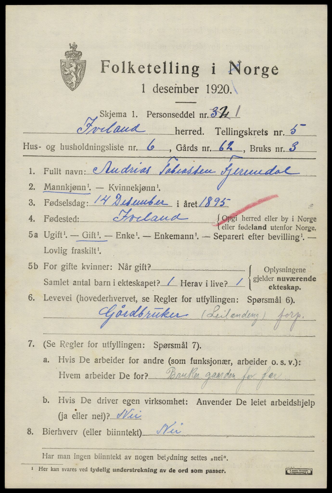 SAK, 1920 census for Iveland, 1920, p. 1647