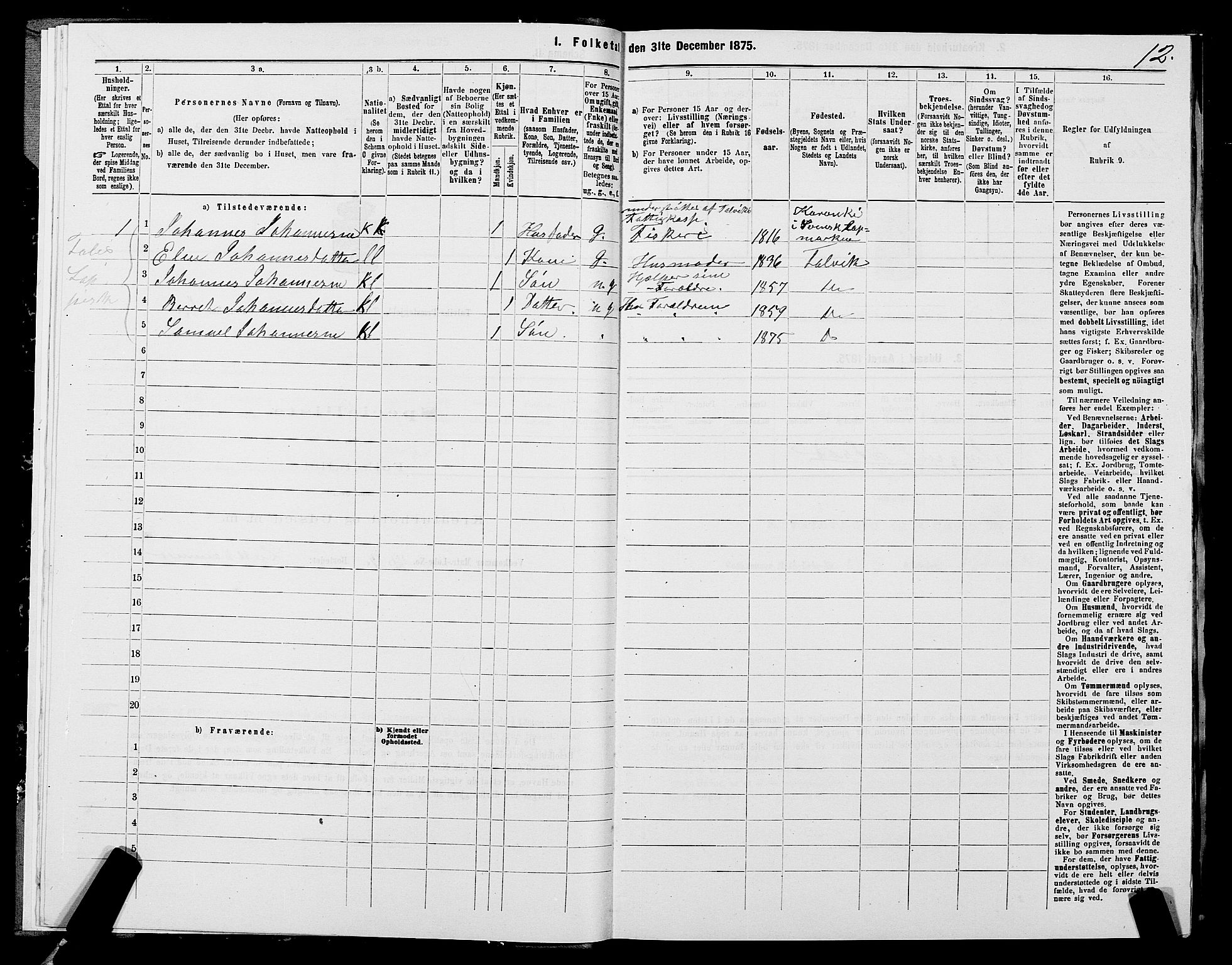 SATØ, 1875 census for 2013P Talvik, 1875, p. 3012