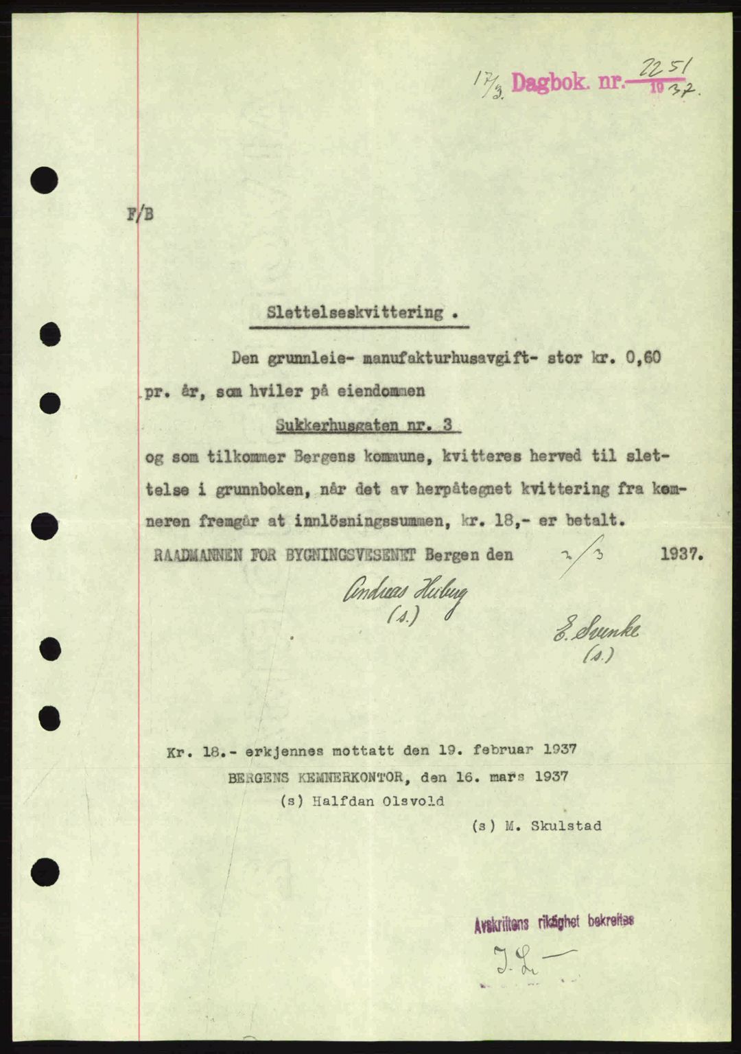 Byfogd og Byskriver i Bergen, SAB/A-3401/03/03Bc/L0004: Mortgage book no. A3-4, 1936-1937, Diary no: : 2251/1937