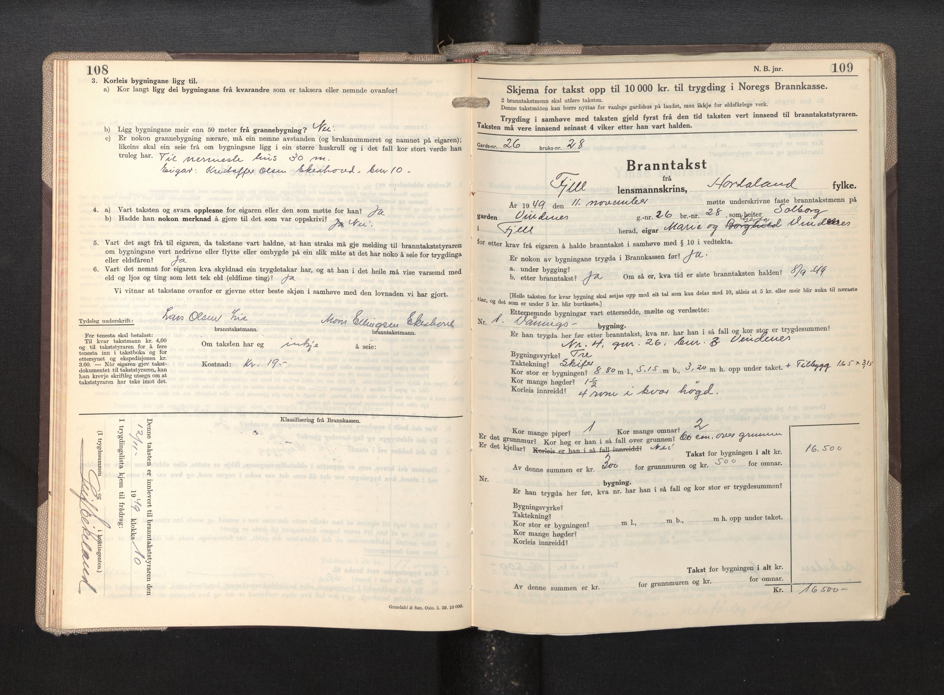 Lensmannen i Fjell, AV/SAB-A-32301/0012/L0007: Branntakstprotokoll, skjematakst, 1946-1955, p. 108-109