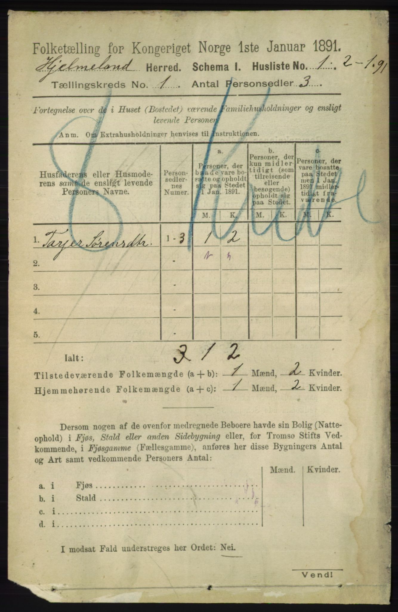 RA, 1891 census for 1133 Hjelmeland, 1891, p. 23