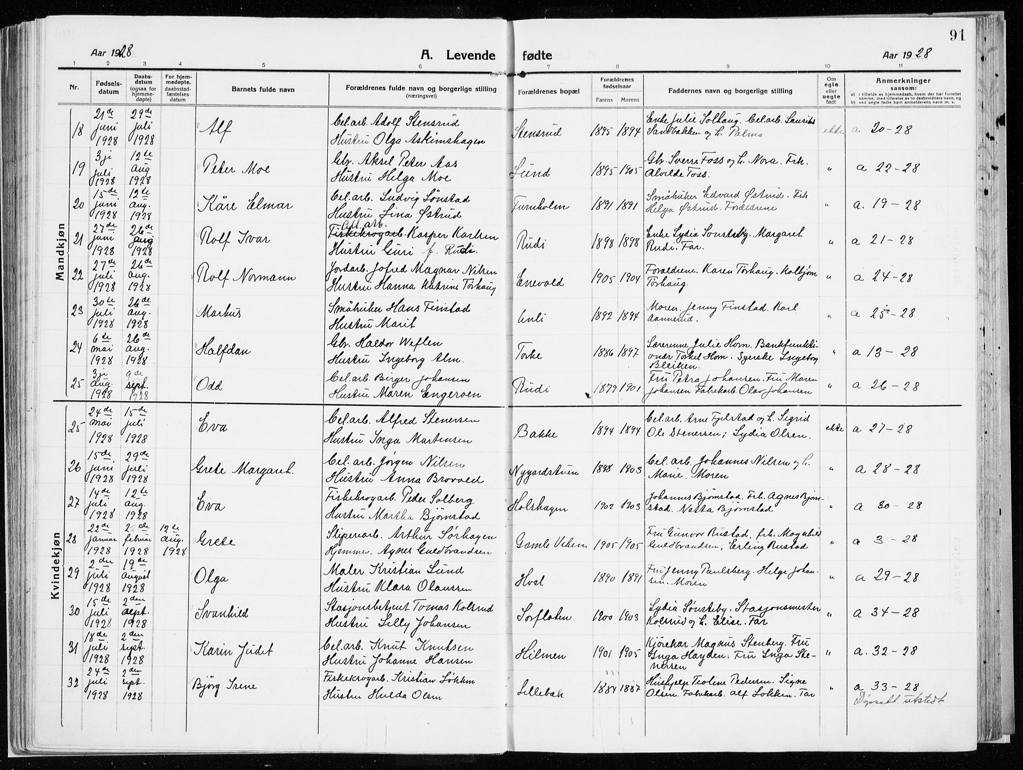 Vardal prestekontor, AV/SAH-PREST-100/H/Ha/Haa/L0017: Parish register (official) no. 17, 1915-1929, p. 91