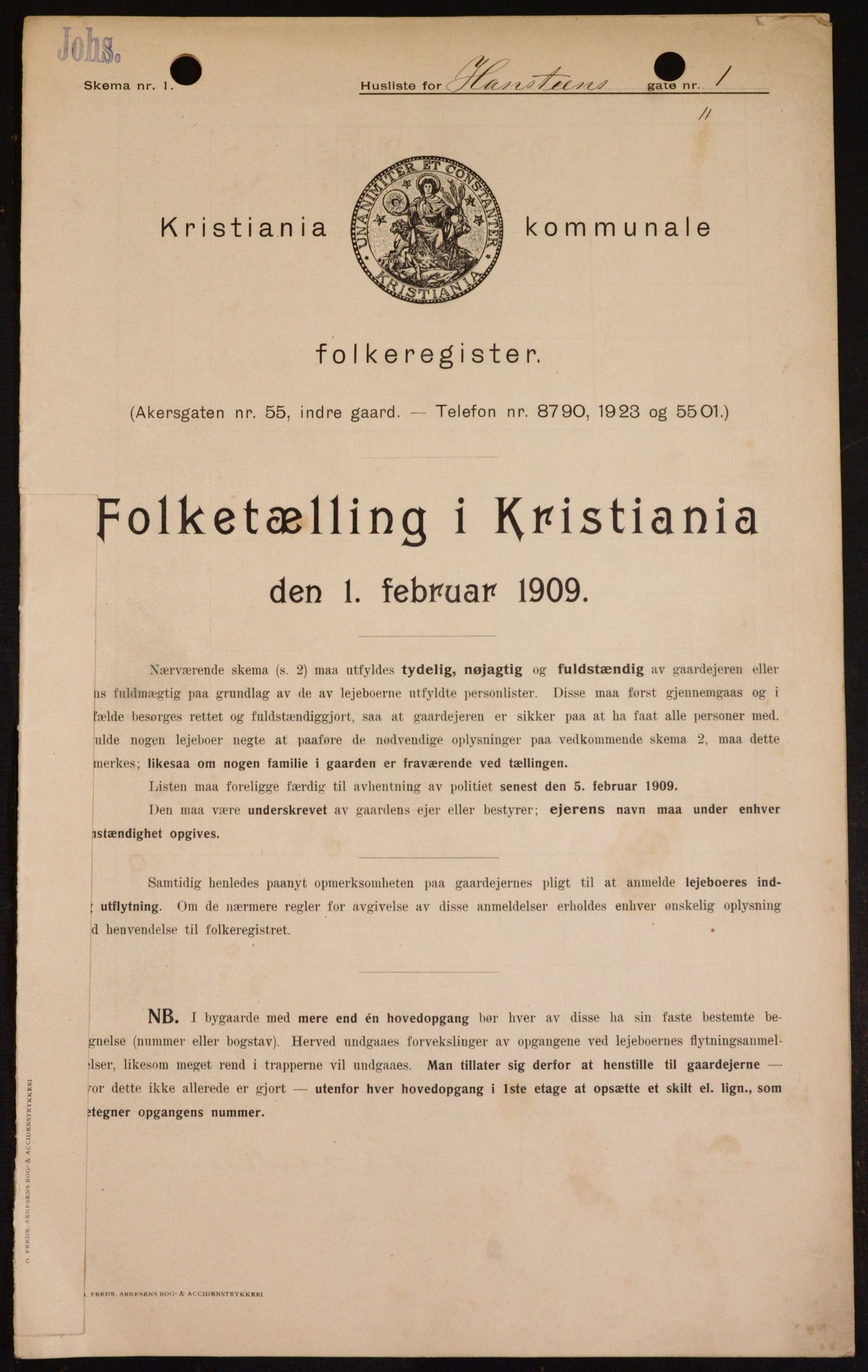 OBA, Municipal Census 1909 for Kristiania, 1909, p. 31465