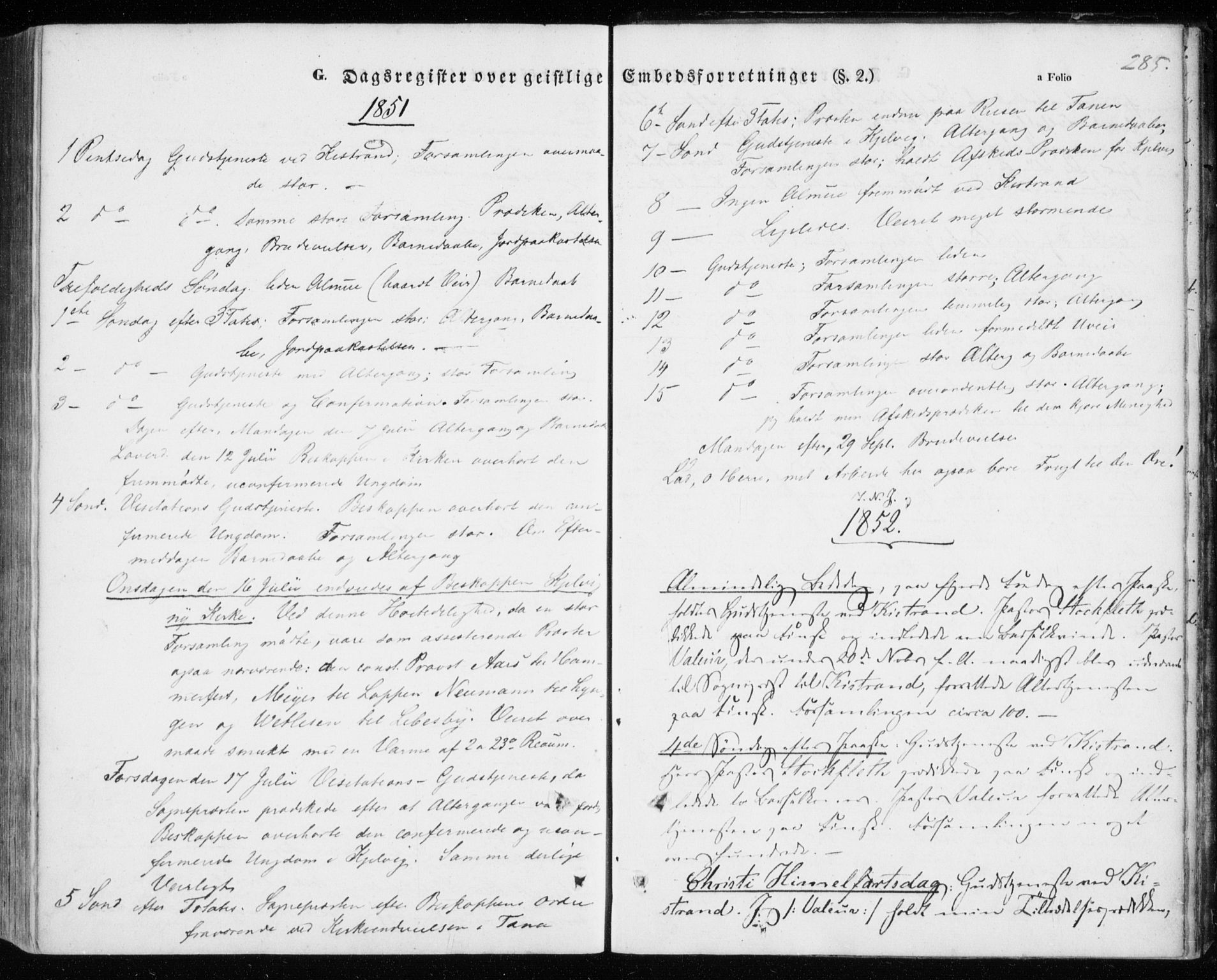 Kistrand/Porsanger sokneprestembete, SATØ/S-1351/H/Ha/L0004.kirke: Parish register (official) no. 4, 1843-1860, p. 285