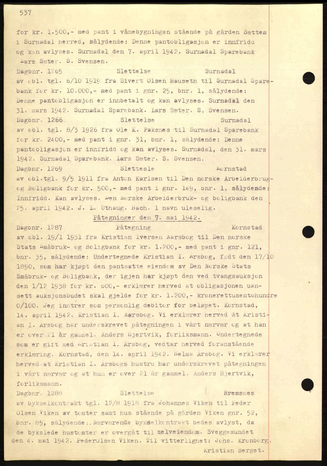 Nordmøre sorenskriveri, AV/SAT-A-4132/1/2/2Ca: Mortgage book no. C81, 1940-1945, Diary no: : 1265/1942