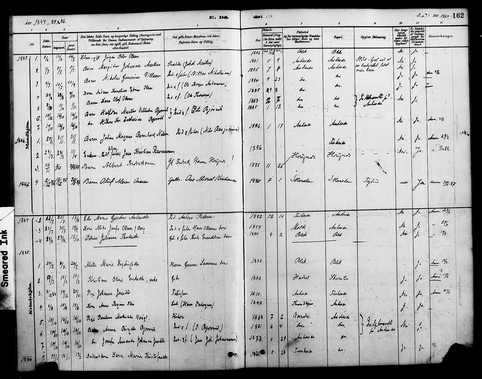 Ministerialprotokoller, klokkerbøker og fødselsregistre - Nordland, AV/SAT-A-1459/899/L1436: Parish register (official) no. 899A04, 1881-1896, p. 162