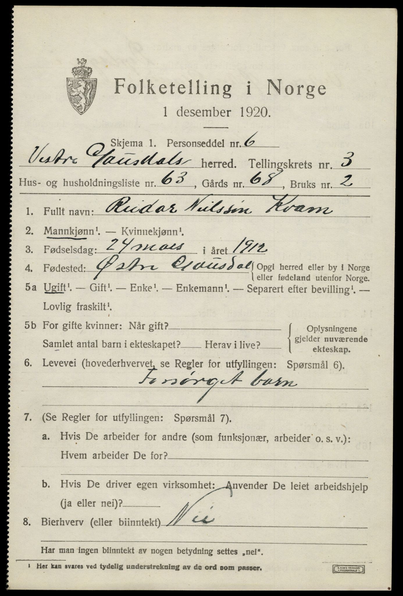 SAH, 1920 census for Vestre Gausdal, 1920, p. 3069
