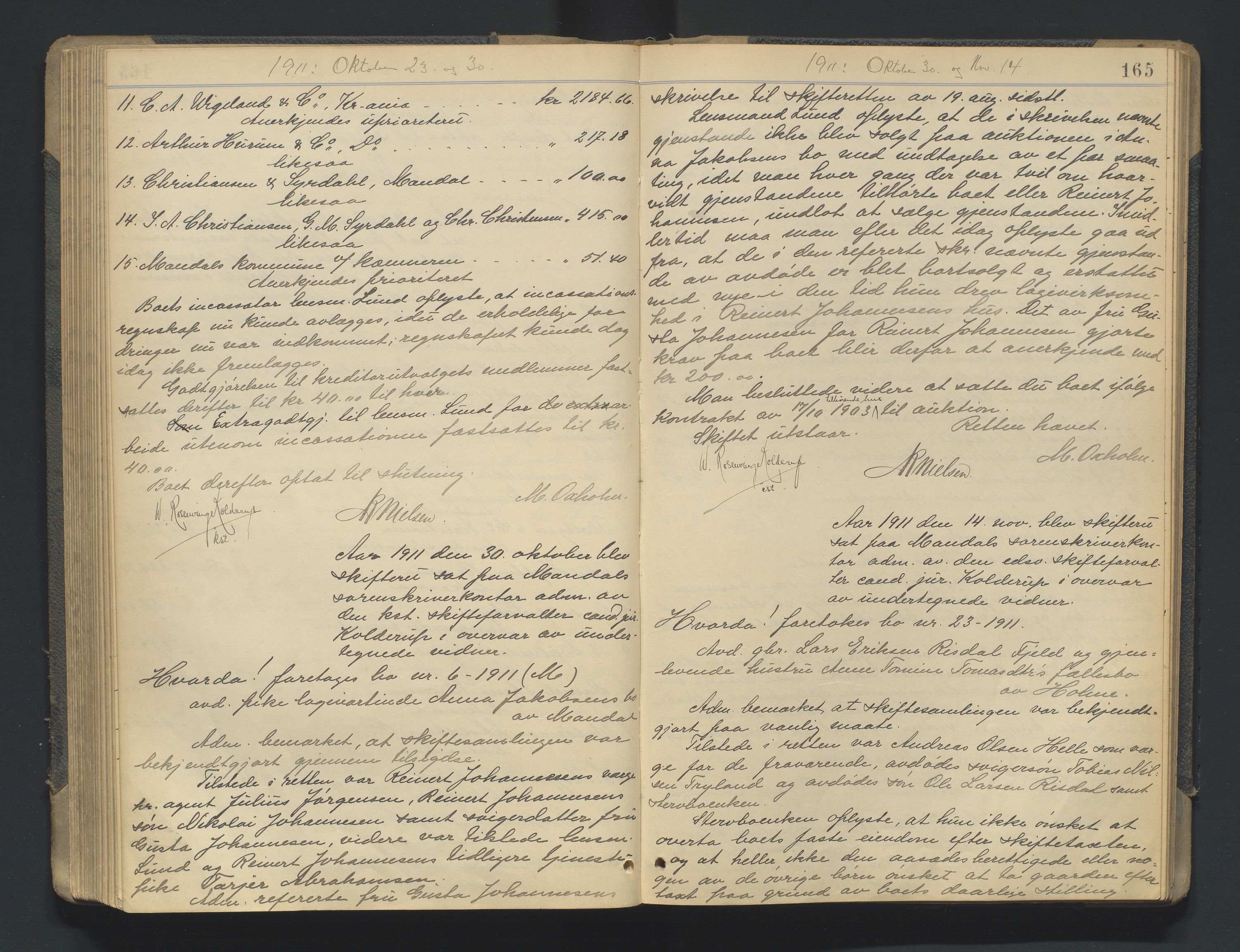 Mandal sorenskriveri, AV/SAK-1221-0005/001/H/Hc/L0081: Skifteforhandlingsprotokoll nr 13, 1909-1913, p. 165