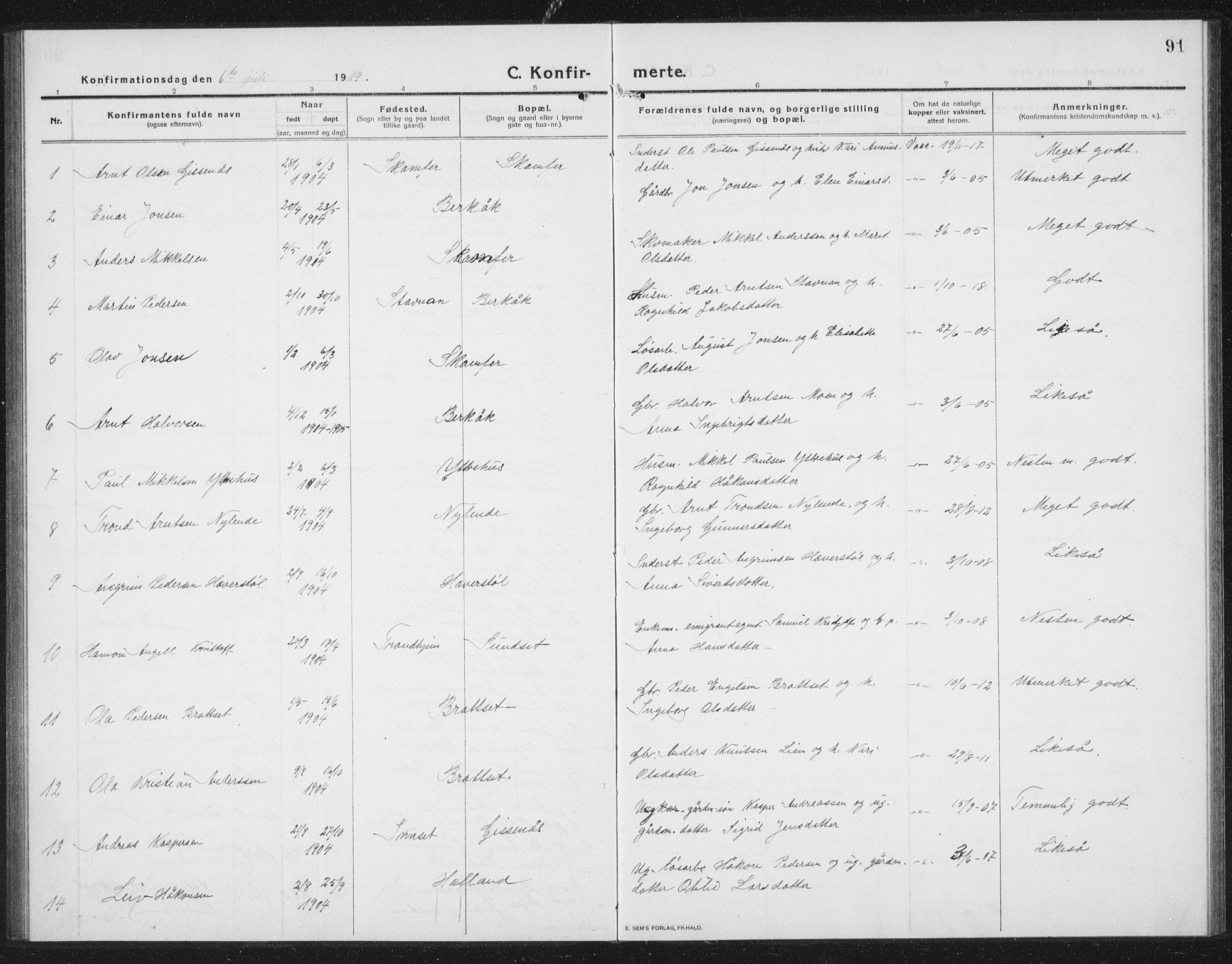 Ministerialprotokoller, klokkerbøker og fødselsregistre - Sør-Trøndelag, AV/SAT-A-1456/675/L0888: Parish register (copy) no. 675C01, 1913-1935, p. 91