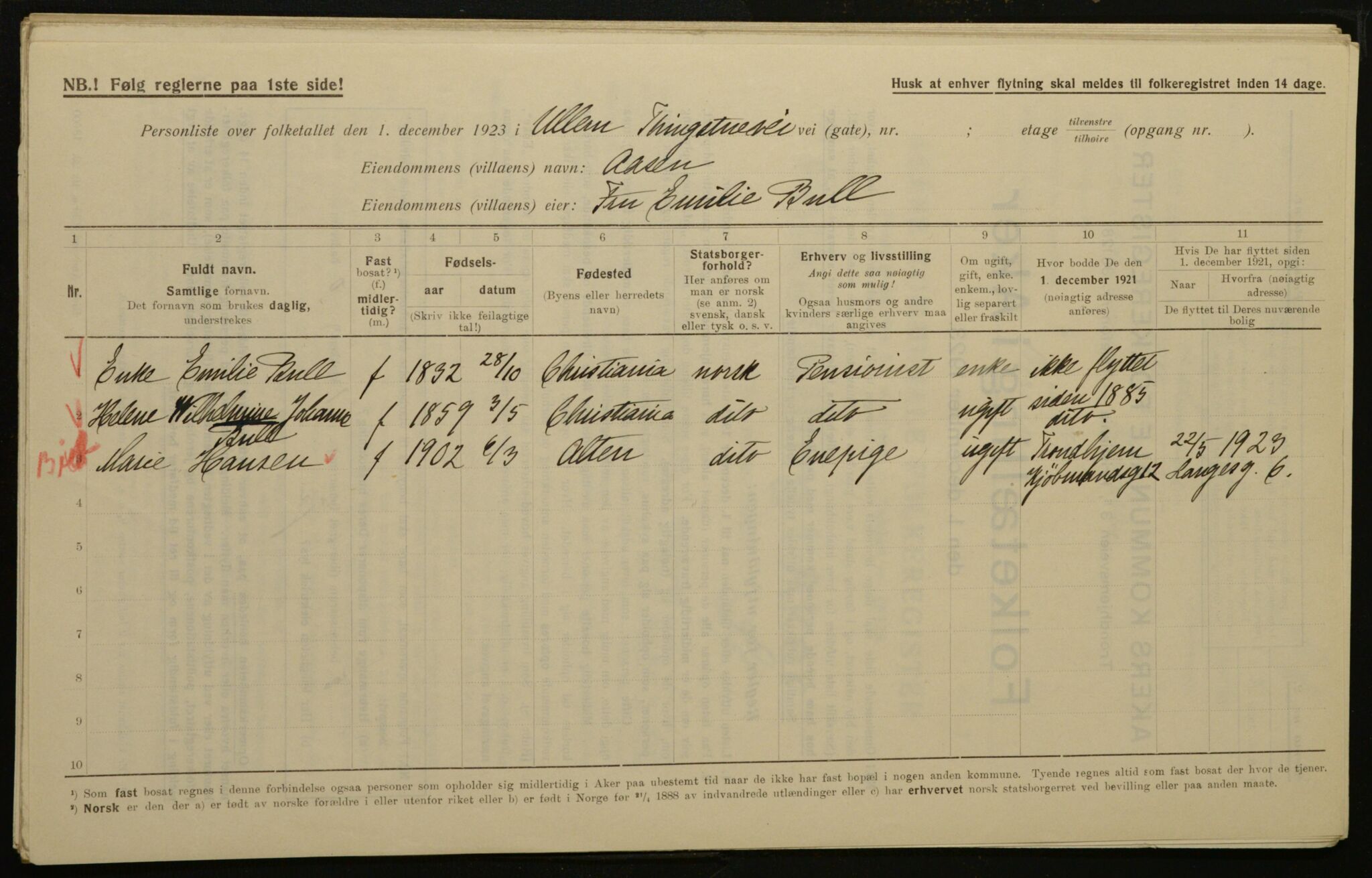 , Municipal Census 1923 for Aker, 1923, p. 17