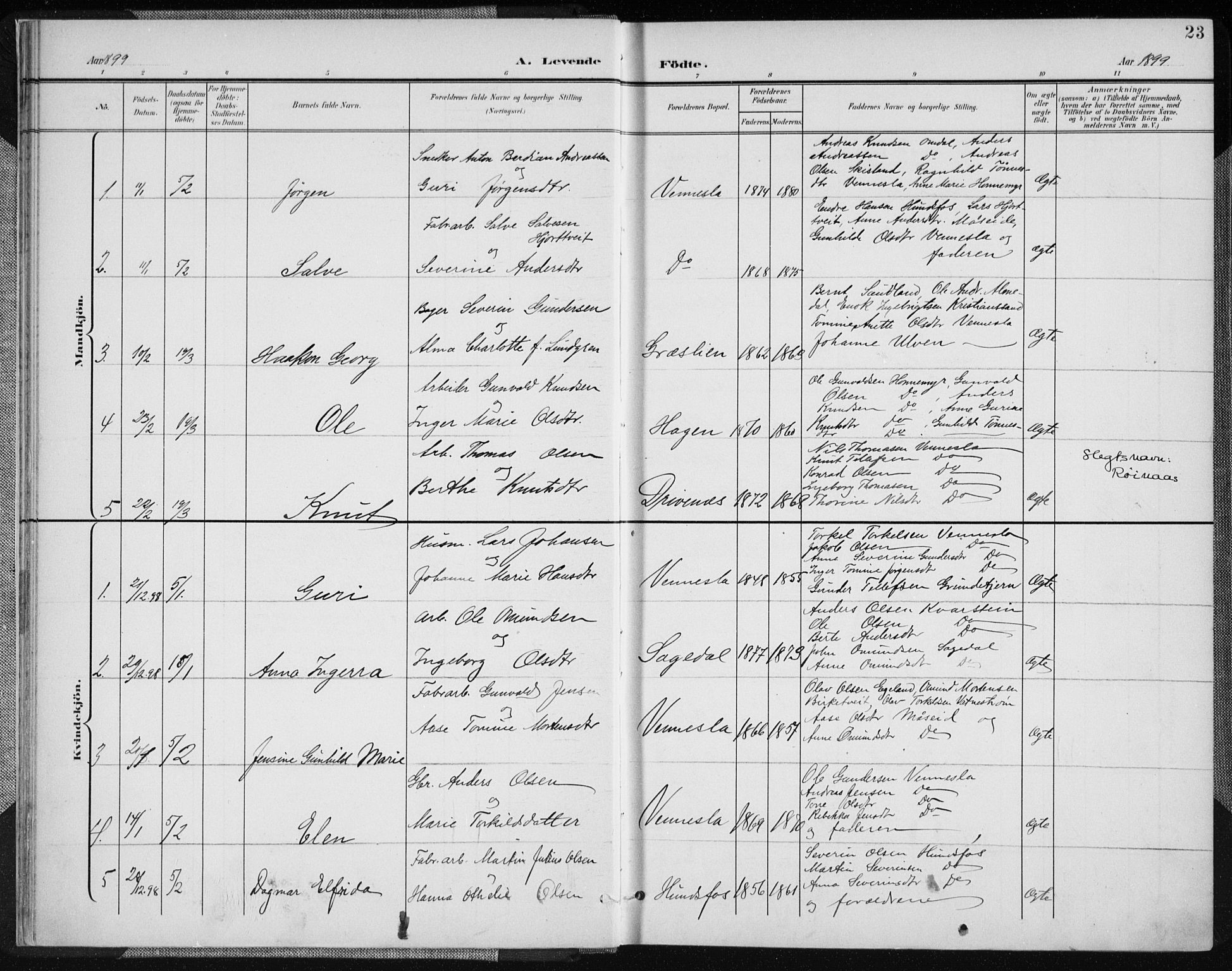 Vennesla sokneprestkontor, AV/SAK-1111-0045/Fa/Fab/L0005: Parish register (official) no. A 5, 1897-1909, p. 23