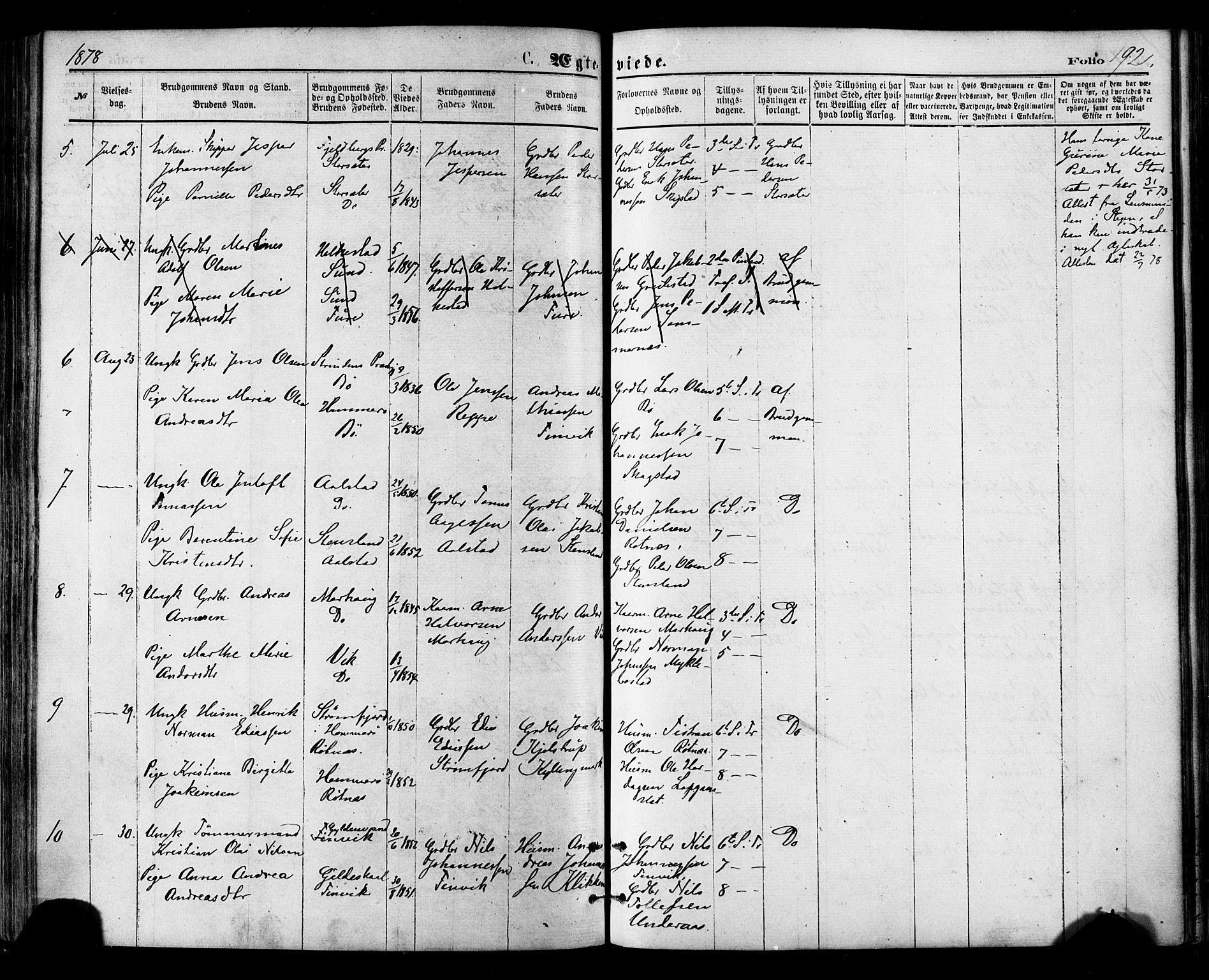 Ministerialprotokoller, klokkerbøker og fødselsregistre - Nordland, SAT/A-1459/855/L0802: Parish register (official) no. 855A10, 1875-1886, p. 192