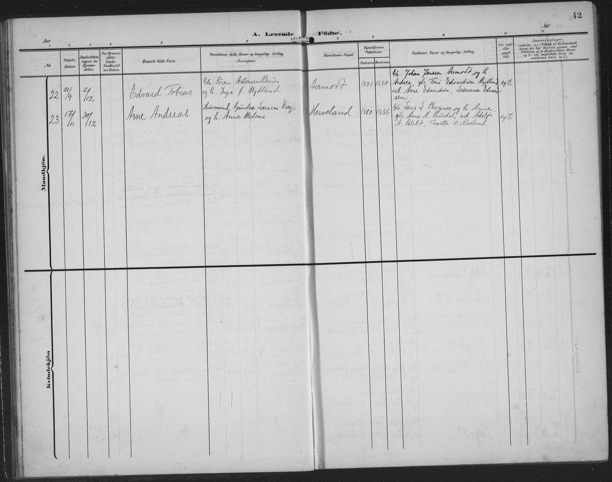 Sokndal sokneprestkontor, AV/SAST-A-101808: Parish register (copy) no. B 8, 1908-1934, p. 42