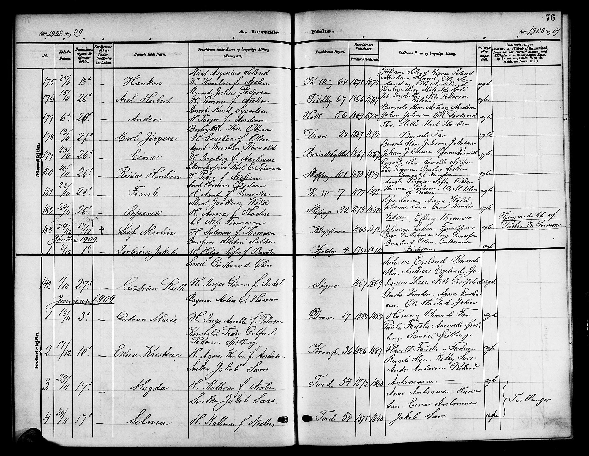 Kristiansand domprosti, SAK/1112-0006/F/Fb/L0019: Parish register (copy) no. B 19, 1905-1914, p. 76