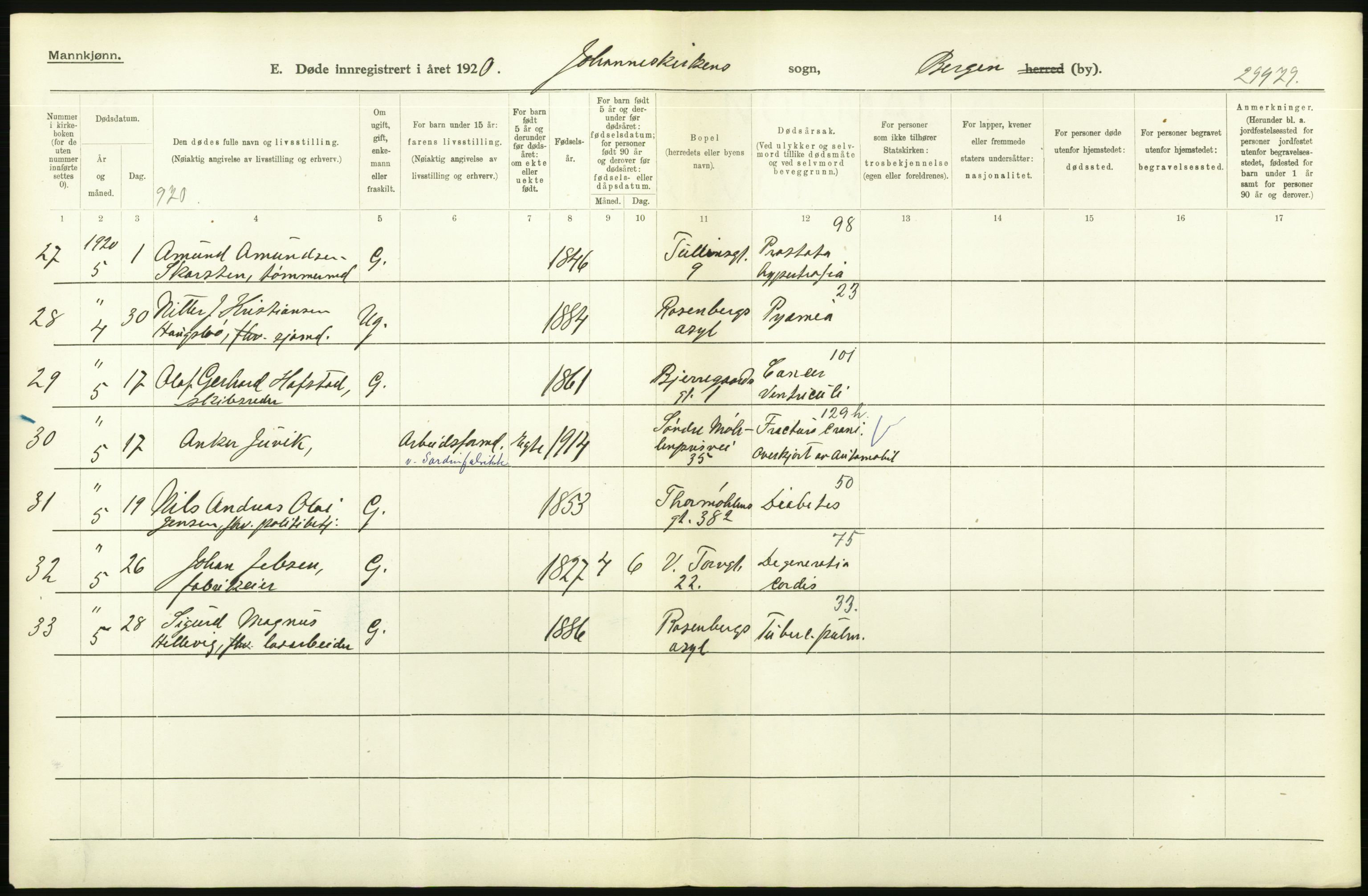 Statistisk sentralbyrå, Sosiodemografiske emner, Befolkning, AV/RA-S-2228/D/Df/Dfb/Dfbj/L0042: Bergen: Gifte, døde, dødfødte., 1920, p. 582