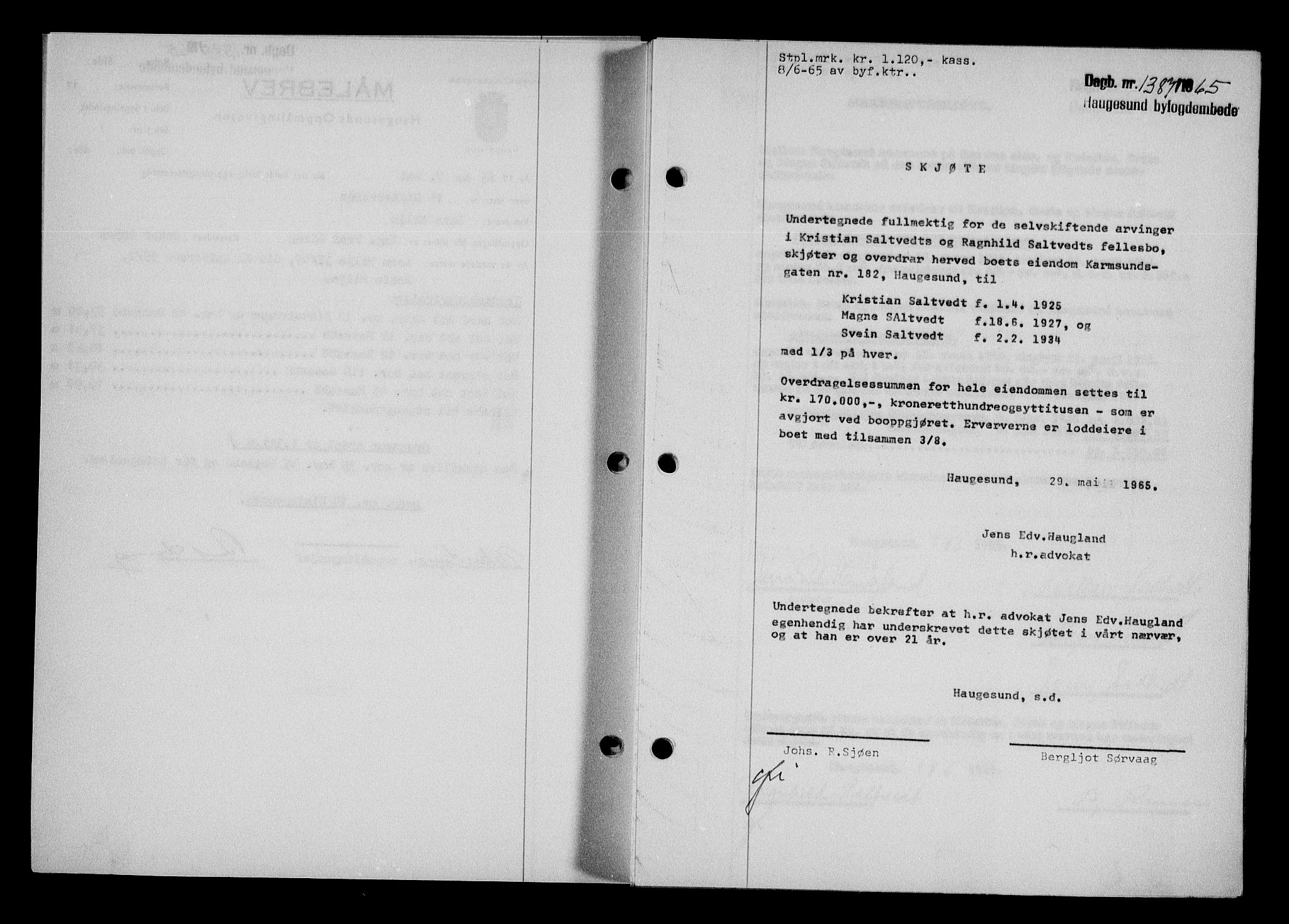 Haugesund tingrett, AV/SAST-A-101415/01/II/IIC/L0076: Mortgage book no. A 17, 1965-1966, Diary no: : 1387/1965