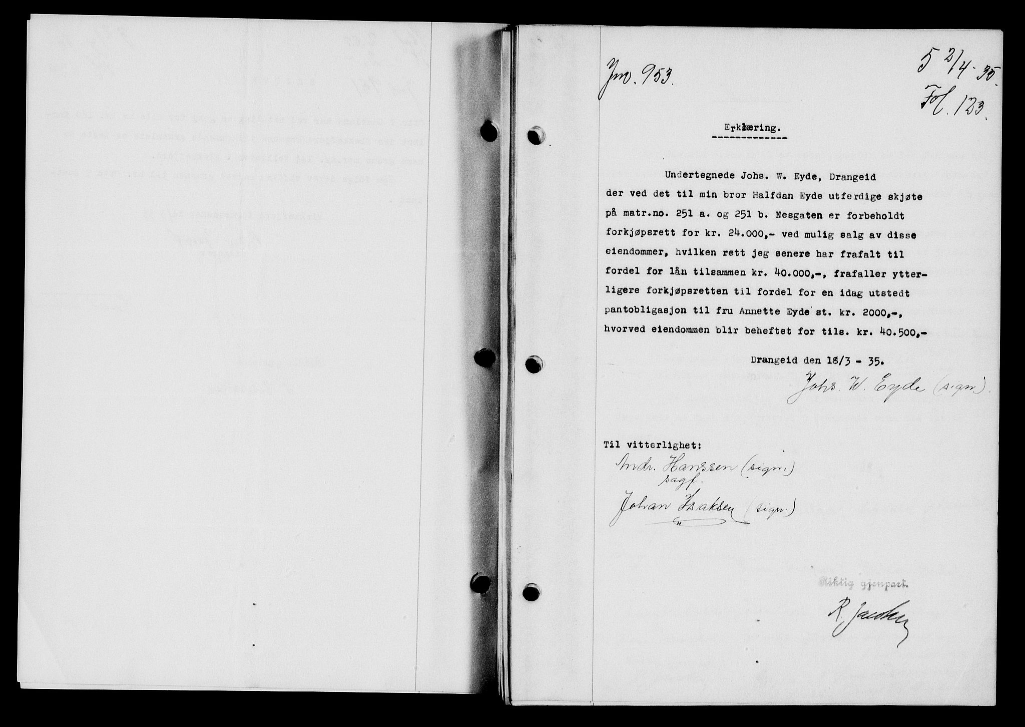 Flekkefjord sorenskriveri, SAK/1221-0001/G/Gb/Gba/L0052: Mortgage book no. 48, 1935-1936, Deed date: 16.04.1935
