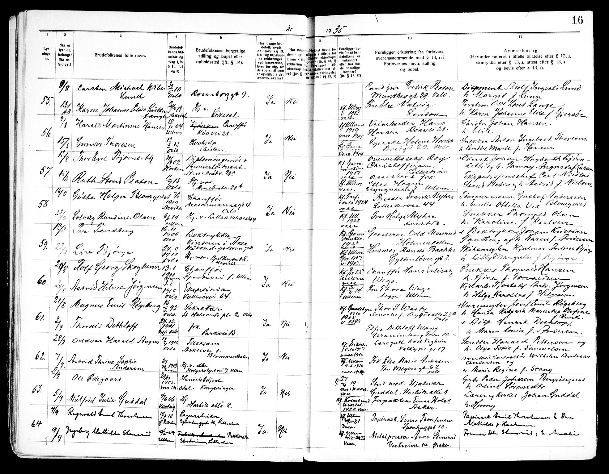 Ullern prestekontor Kirkebøker, SAO/A-10740/H/L0004: Banns register no. 4, 1933-1945, p. 16