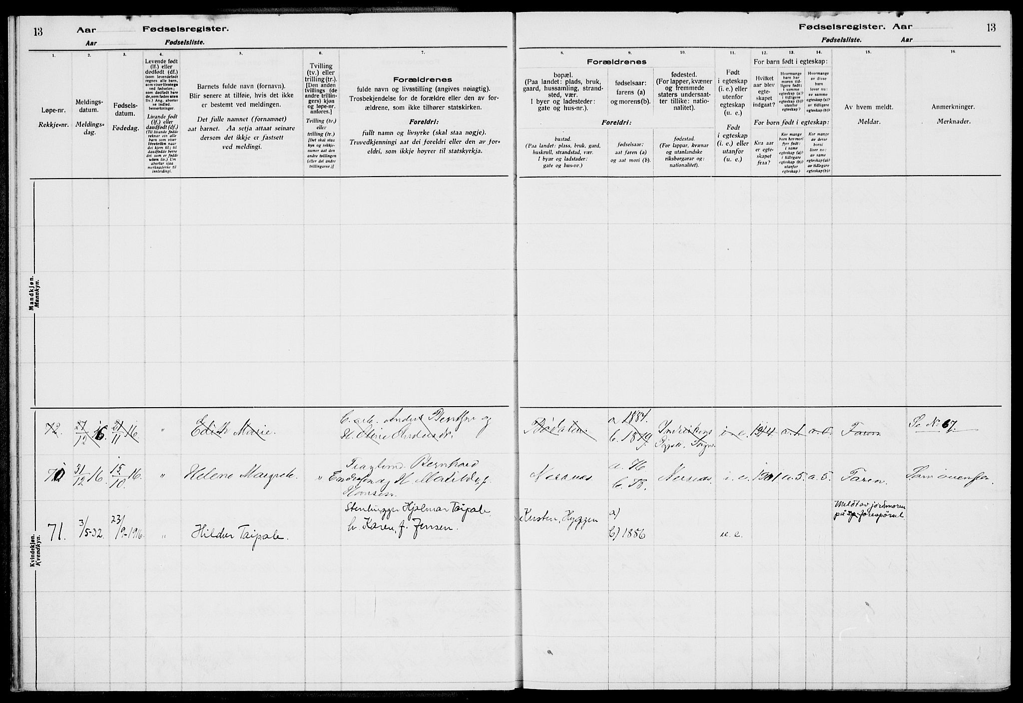 Røyken kirkebøker, AV/SAKO-A-241/J/Ja/L0001: Birth register no. 1, 1916-1927, p. 13