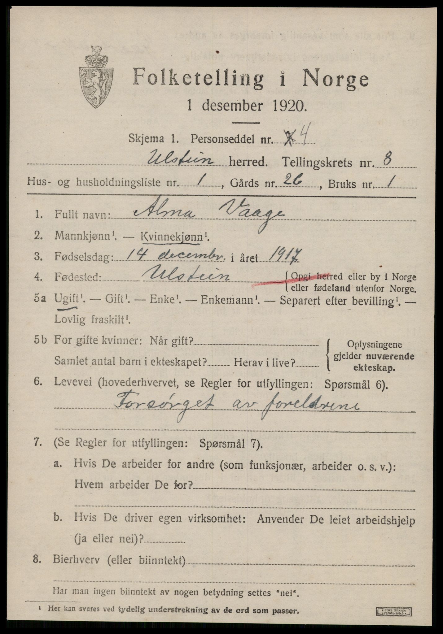 SAT, 1920 census for Ulstein, 1920, p. 4564