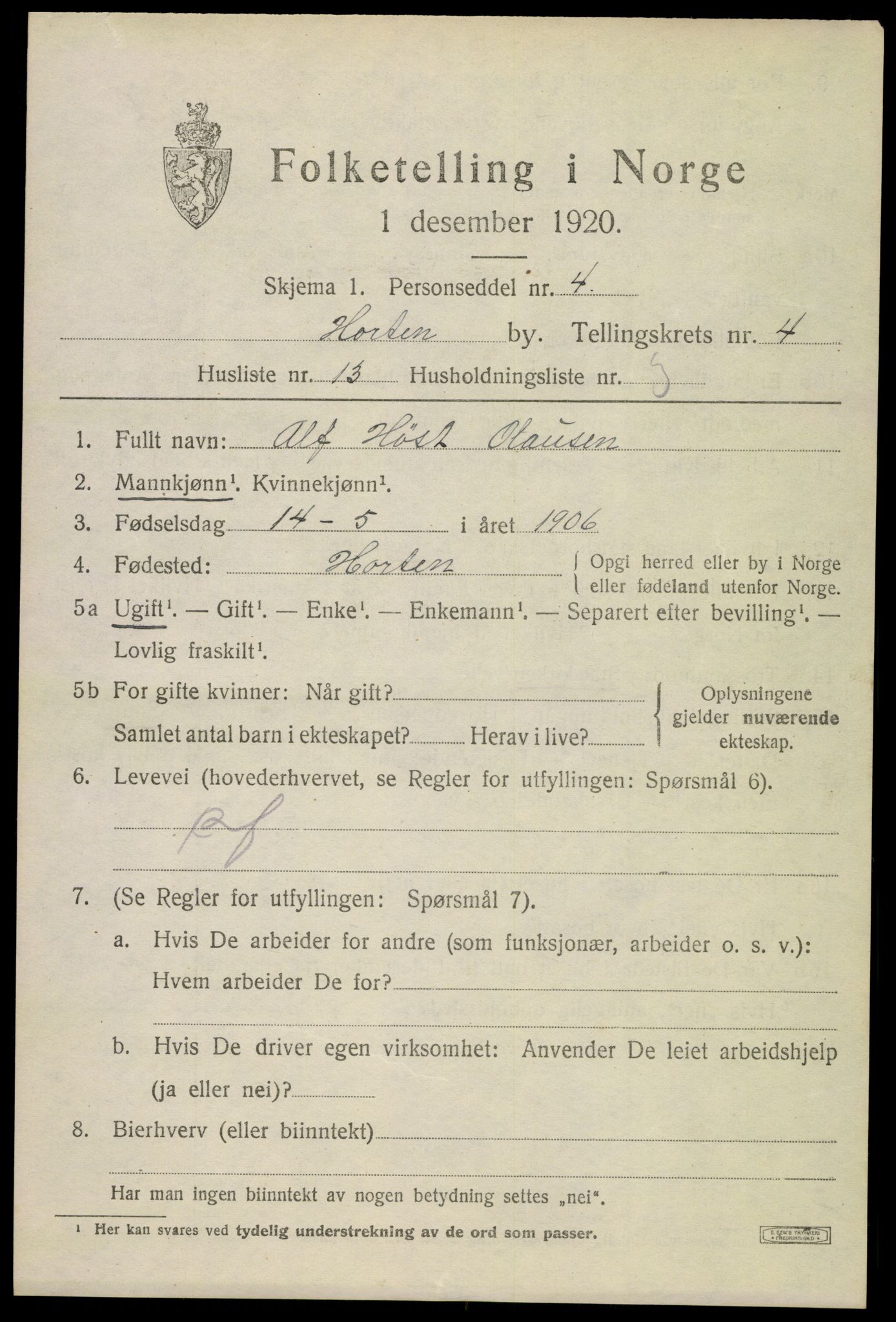 SAKO, 1920 census for Horten, 1920, p. 16443