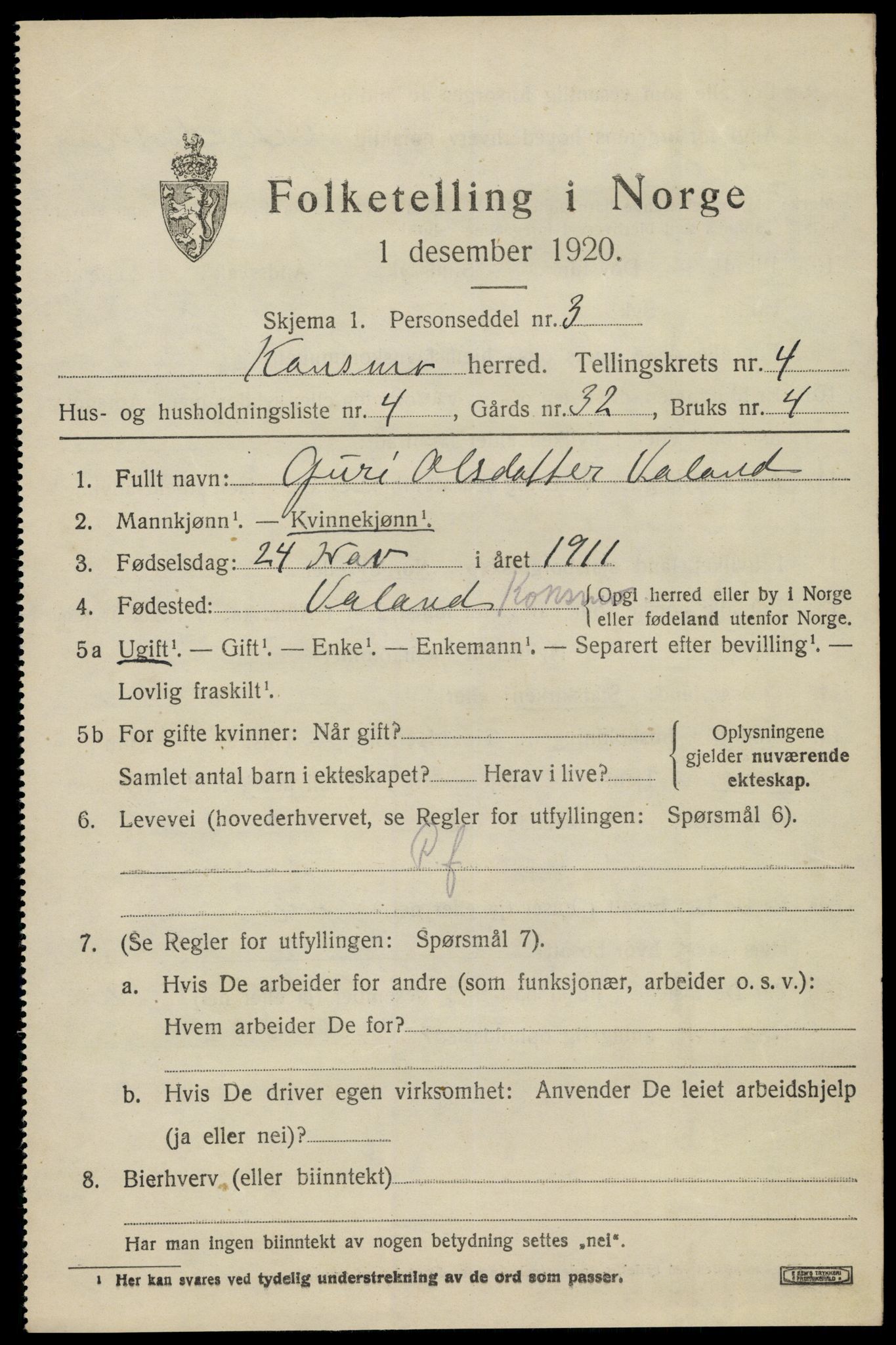 SAK, 1920 census for Konsmo, 1920, p. 1226