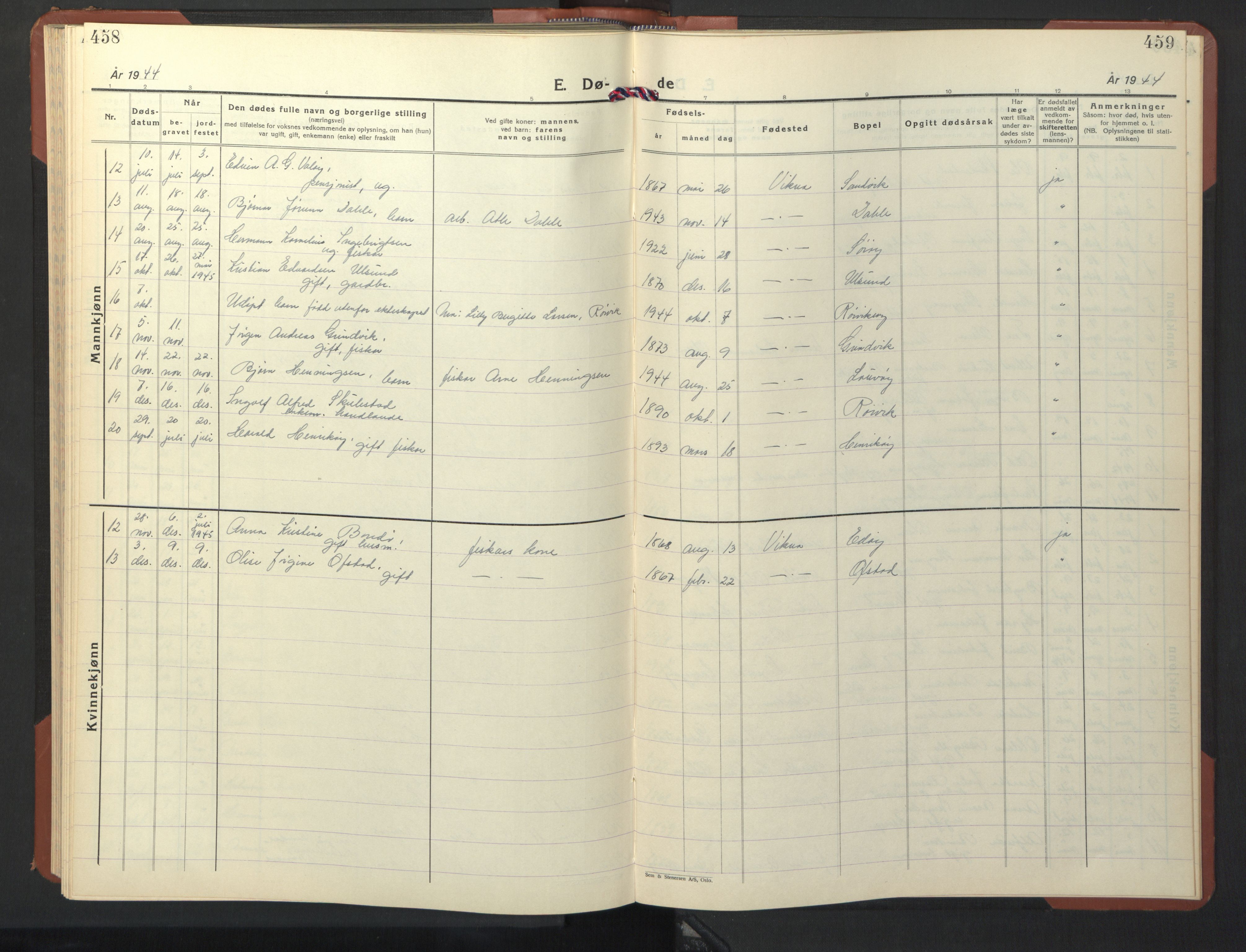 Ministerialprotokoller, klokkerbøker og fødselsregistre - Nord-Trøndelag, AV/SAT-A-1458/786/L0689: Parish register (copy) no. 786C01, 1940-1948, p. 458-459