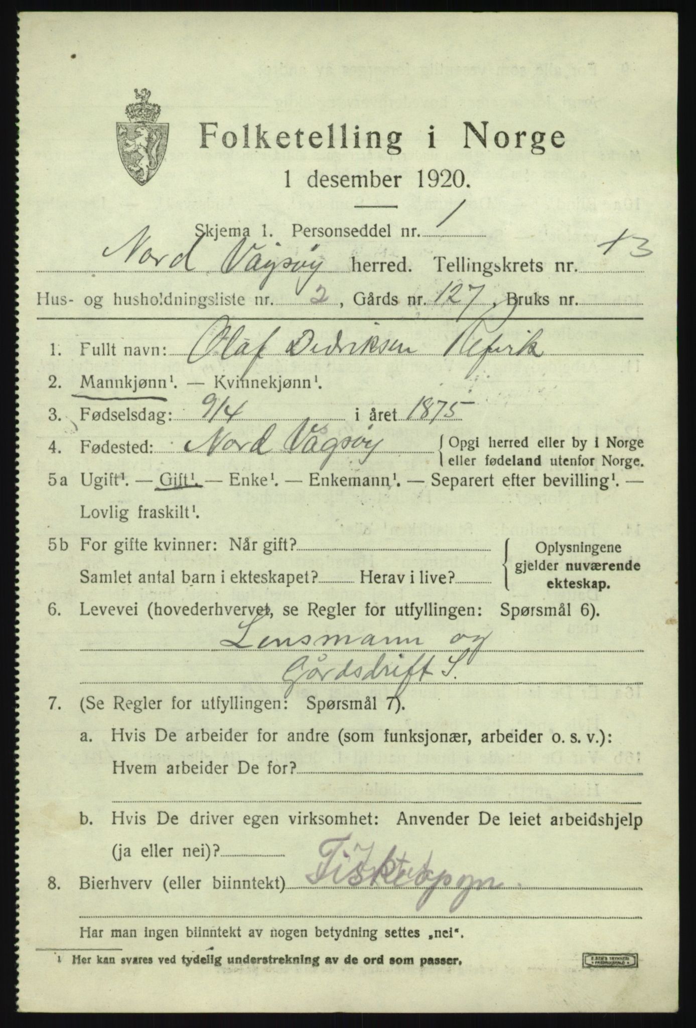 SAB, 1920 census for Nord-Vågsøy, 1920, p. 1036