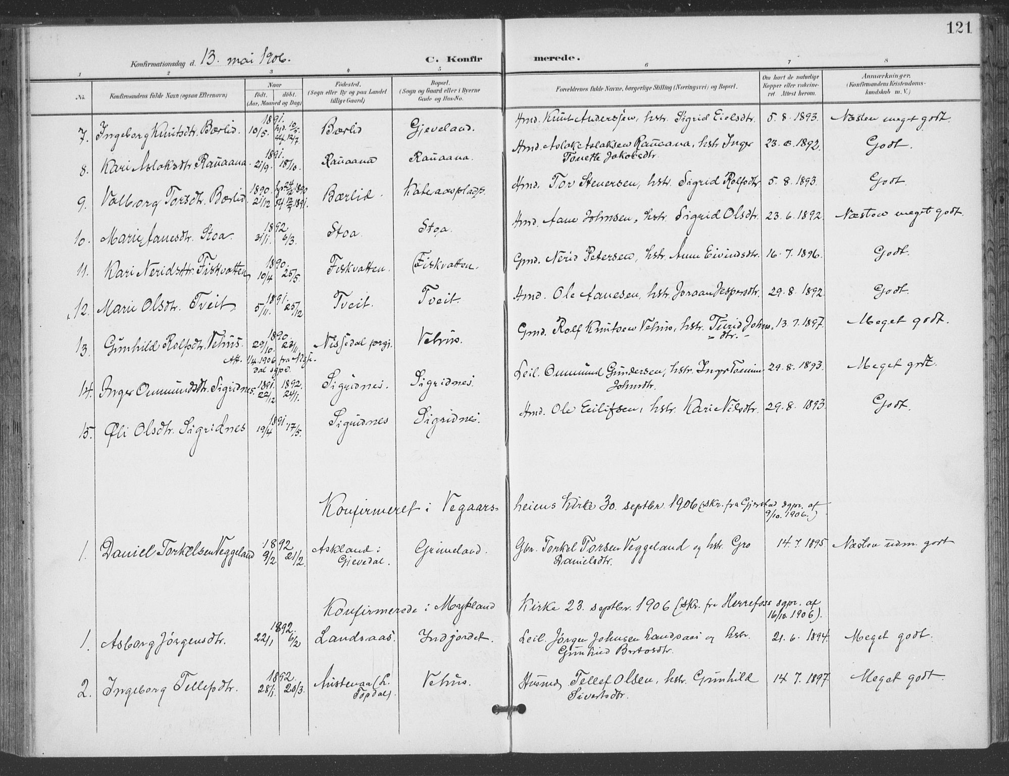 Åmli sokneprestkontor, AV/SAK-1111-0050/F/Fa/Fac/L0012: Parish register (official) no. A 12, 1900-1914, p. 121