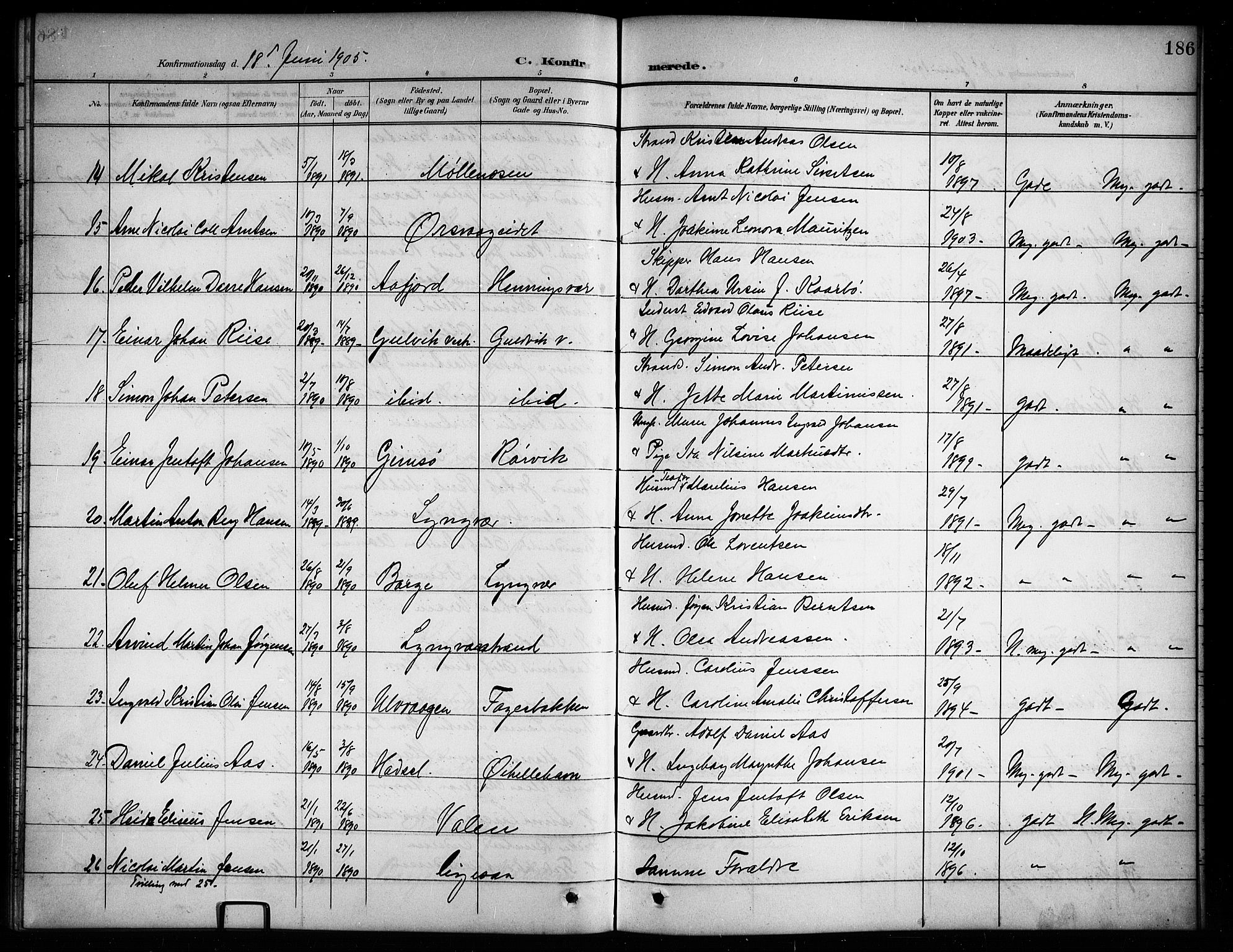 Ministerialprotokoller, klokkerbøker og fødselsregistre - Nordland, AV/SAT-A-1459/874/L1078: Parish register (copy) no. 874C07, 1900-1907, p. 186