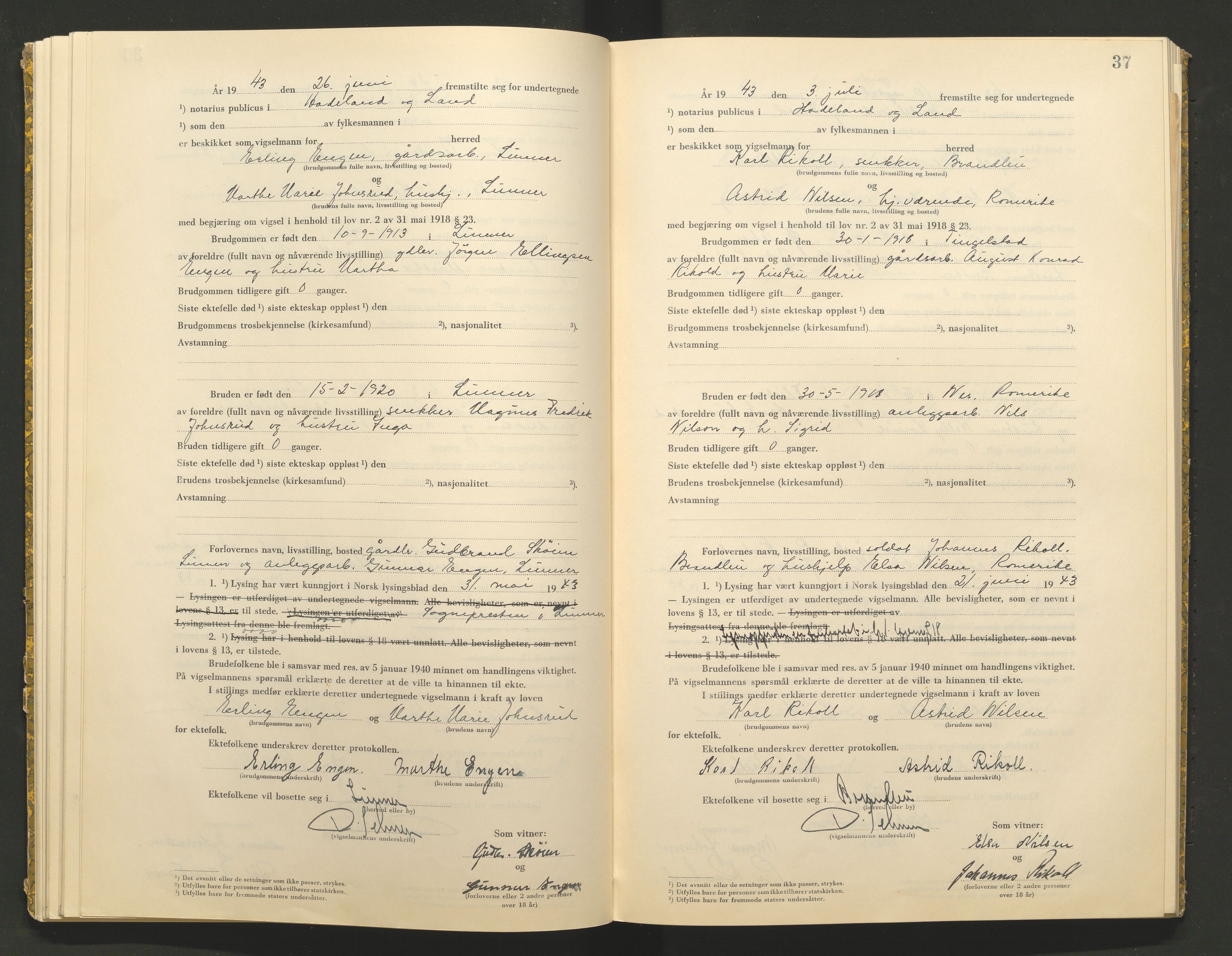 Hadeland og Land tingrett, AV/SAH-TING-010/L/Lb/L0002: Vigselbok, 1943-1944, p. 37