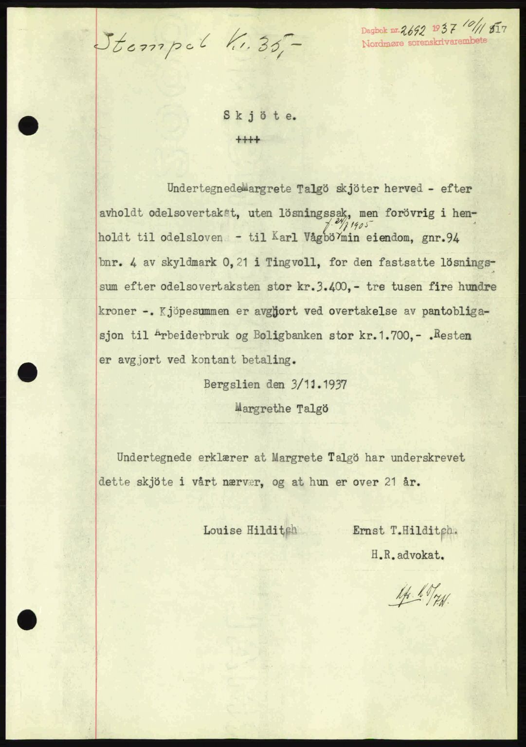 Nordmøre sorenskriveri, SAT/A-4132/1/2/2Ca: Mortgage book no. A82, 1937-1938, Diary no: : 2692/1937