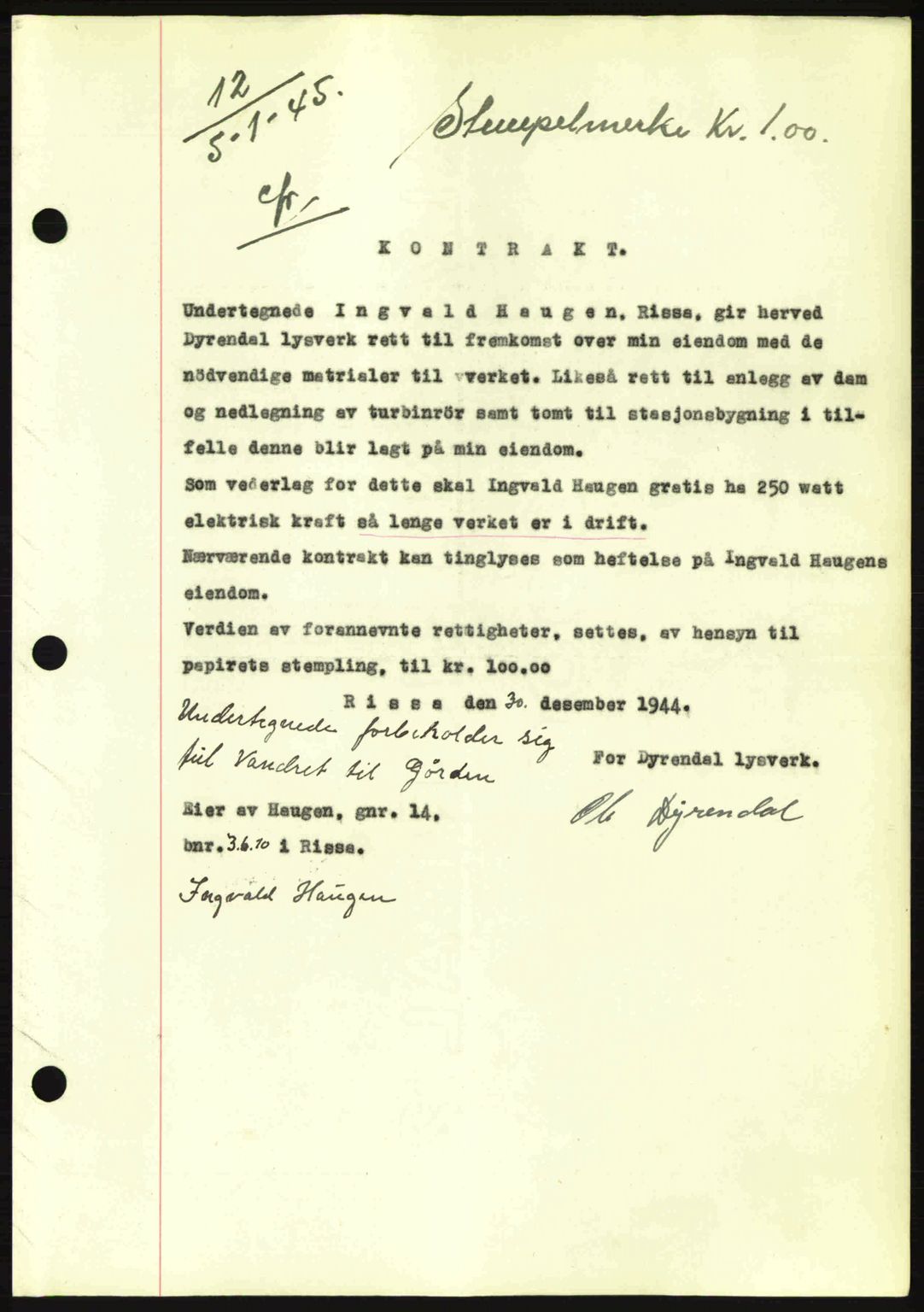 Fosen sorenskriveri, AV/SAT-A-1107/1/2/2C: Mortgage book no. A3, 1943-1945, Diary no: : 12/1945