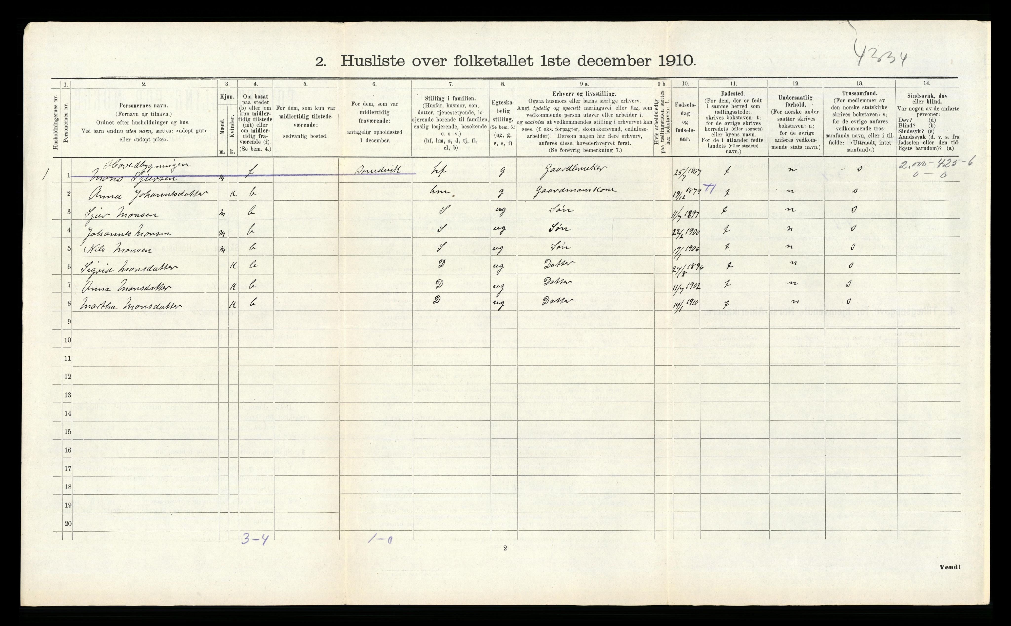 RA, 1910 census for Bruvik, 1910, p. 225