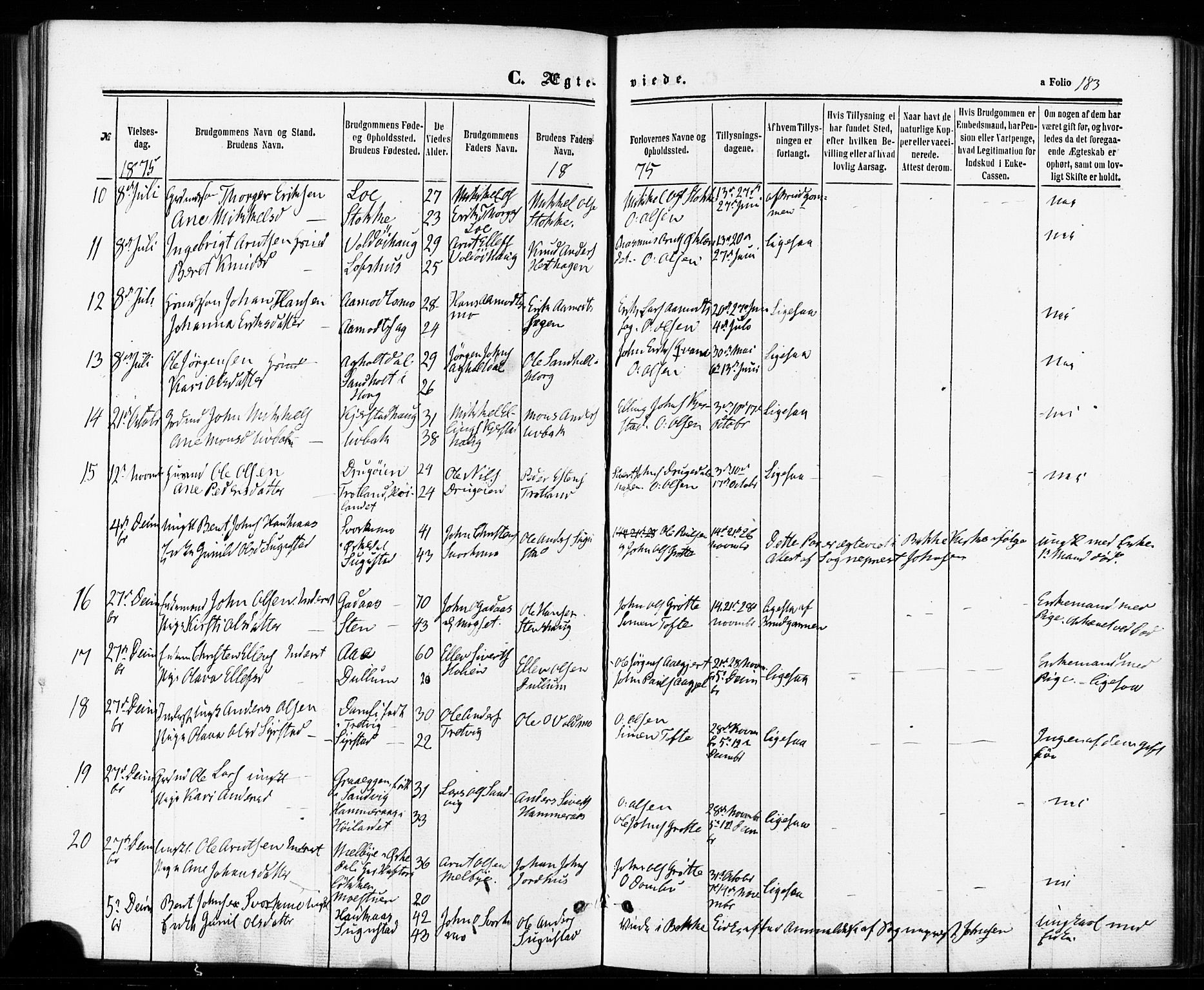 Ministerialprotokoller, klokkerbøker og fødselsregistre - Sør-Trøndelag, SAT/A-1456/672/L0856: Parish register (official) no. 672A08, 1861-1881, p. 183