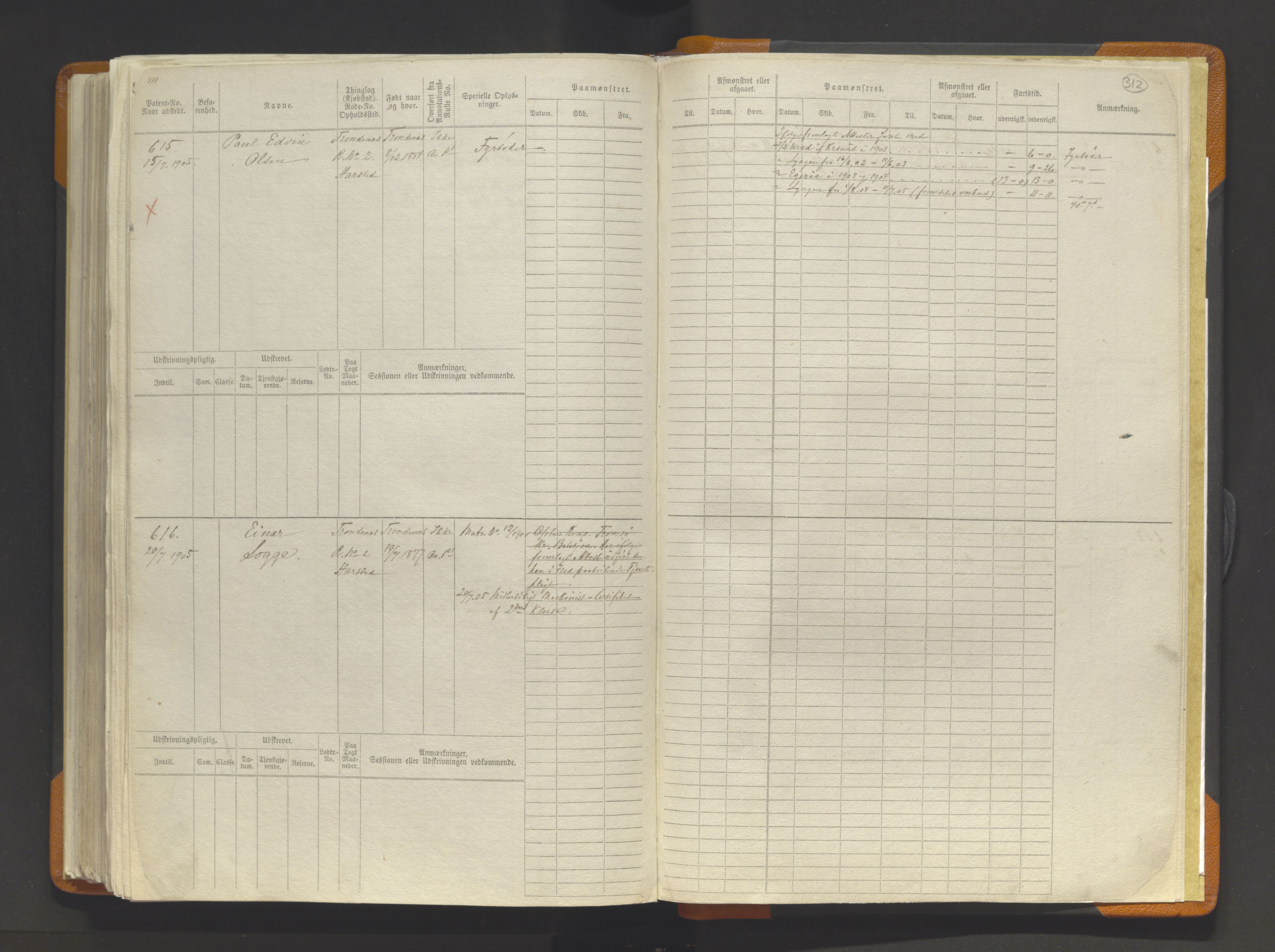 Tromsø sjømannskontor/innrullerings-/mønstringsdistrikt, AV/SATØ-S-0243/F/Fb/L0014: Sjøfartsrulle (hovedrulle). Nr. 1-620, 1868-1906, p. 312