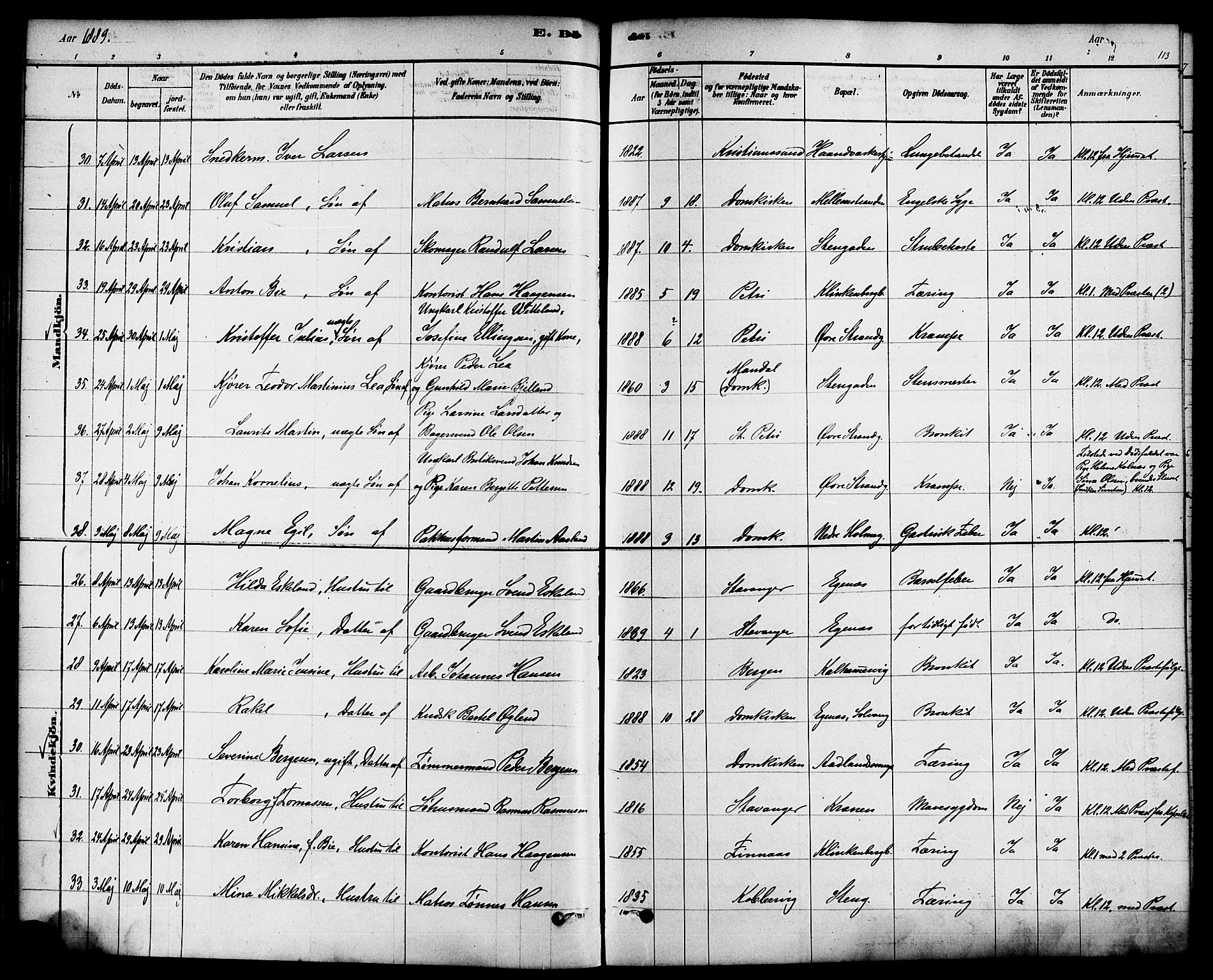 Domkirken sokneprestkontor, AV/SAST-A-101812/001/30/30BA/L0027: Parish register (official) no. A 26, 1878-1896, p. 113