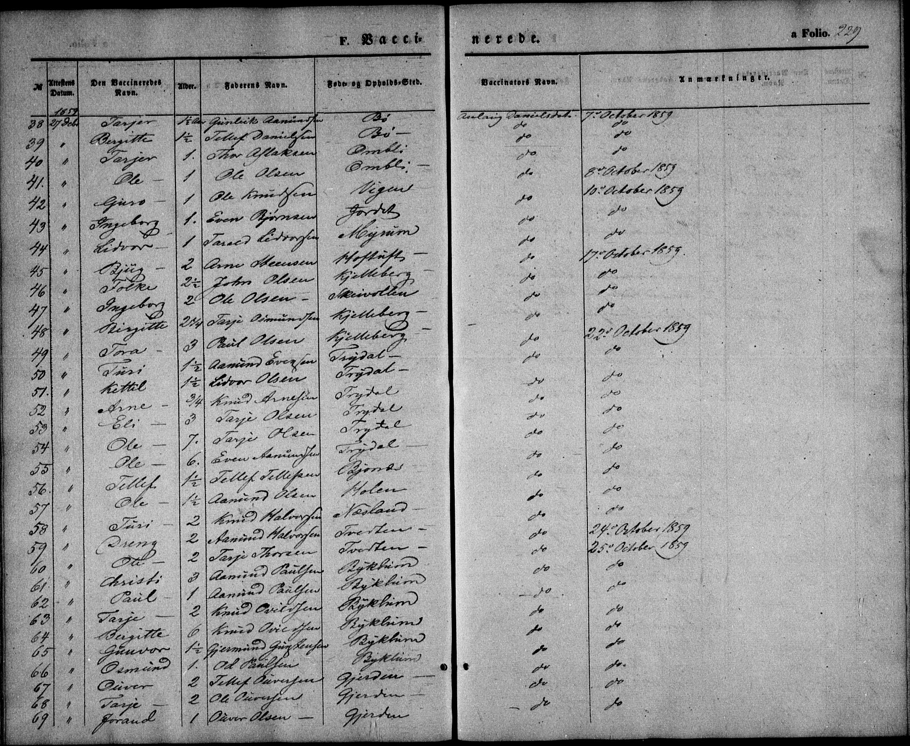 Valle sokneprestkontor, SAK/1111-0044/F/Fa/Fac/L0007: Parish register (official) no. A 7, 1854-1868, p. 229