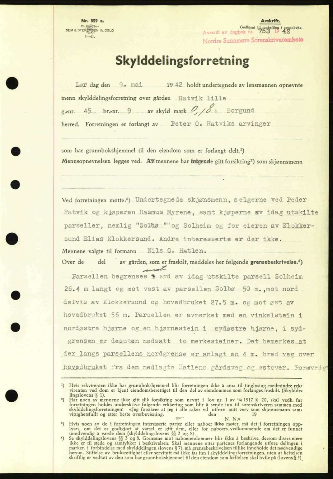 Nordre Sunnmøre sorenskriveri, AV/SAT-A-0006/1/2/2C/2Ca: Mortgage book no. A13, 1942-1942, Diary no: : 753/1942