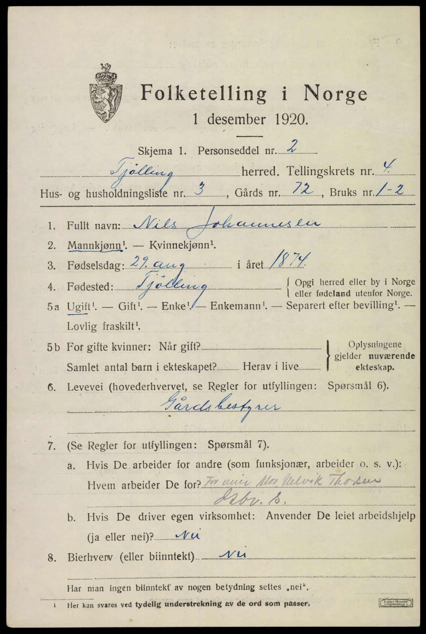 SAKO, 1920 census for Tjølling, 1920, p. 7521