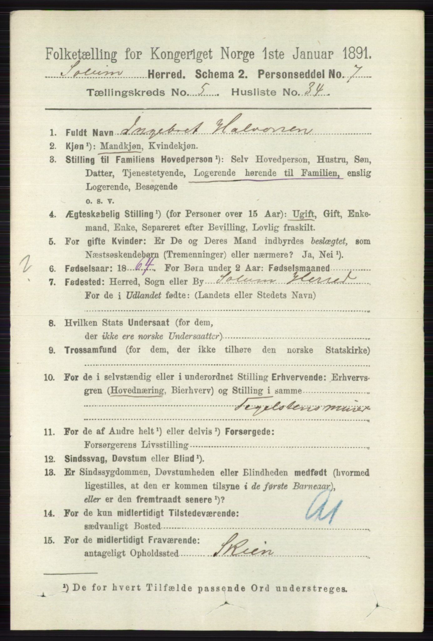 RA, 1891 census for 0818 Solum, 1891, p. 1048