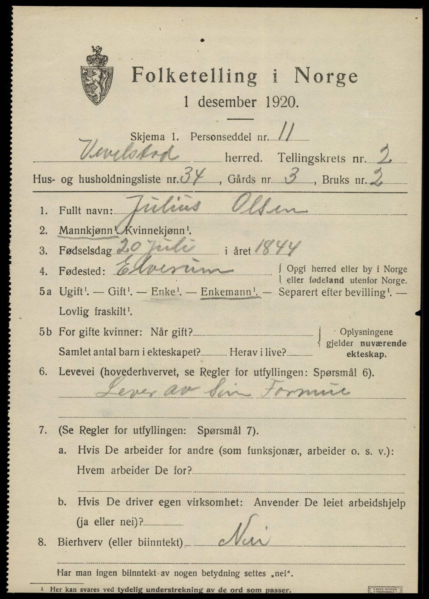 SAT, 1920 census for Vevelstad, 1920, p. 1868