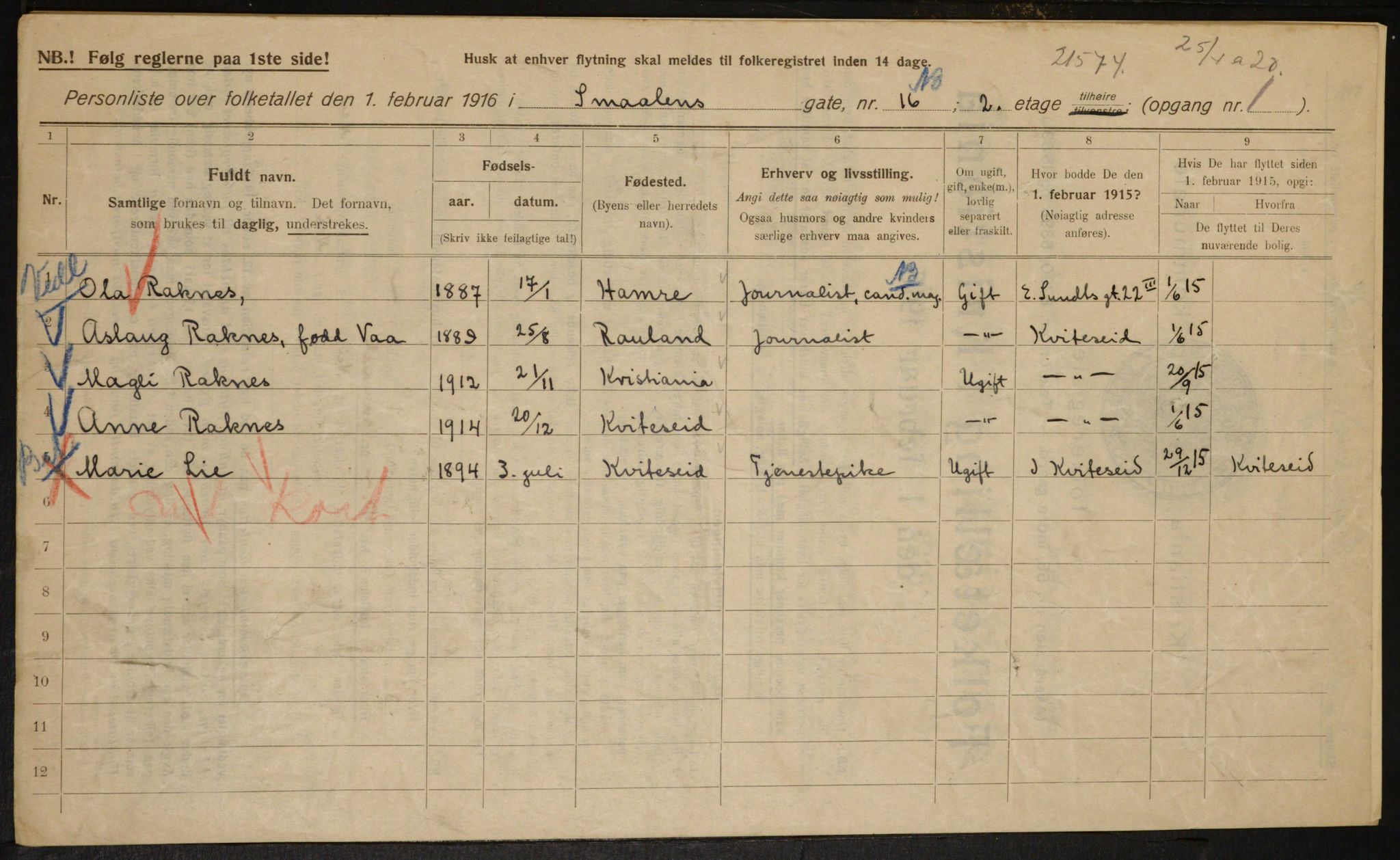 OBA, Municipal Census 1916 for Kristiania, 1916, p. 100400