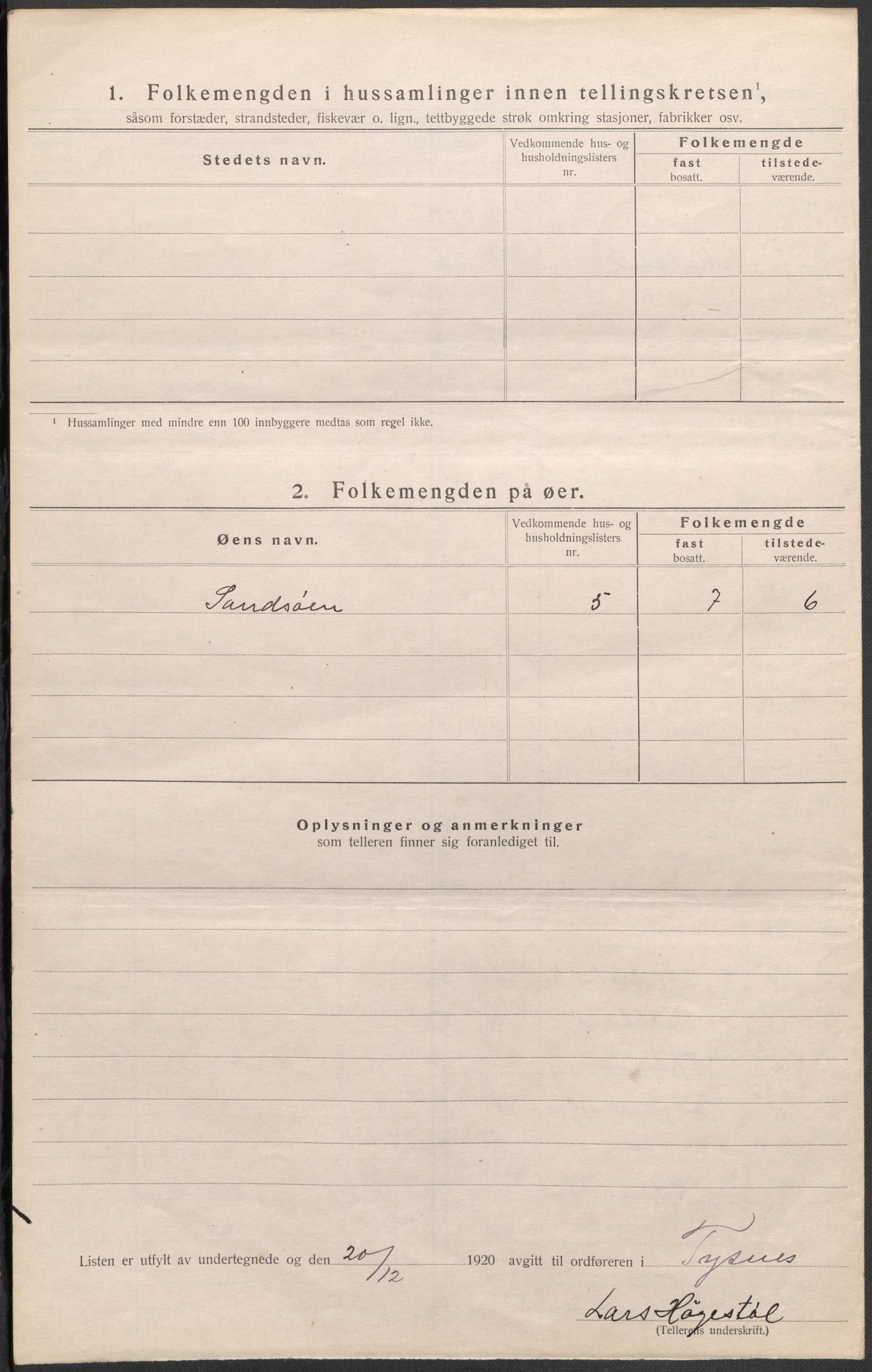 SAB, 1920 census for Tysnes, 1920, p. 43