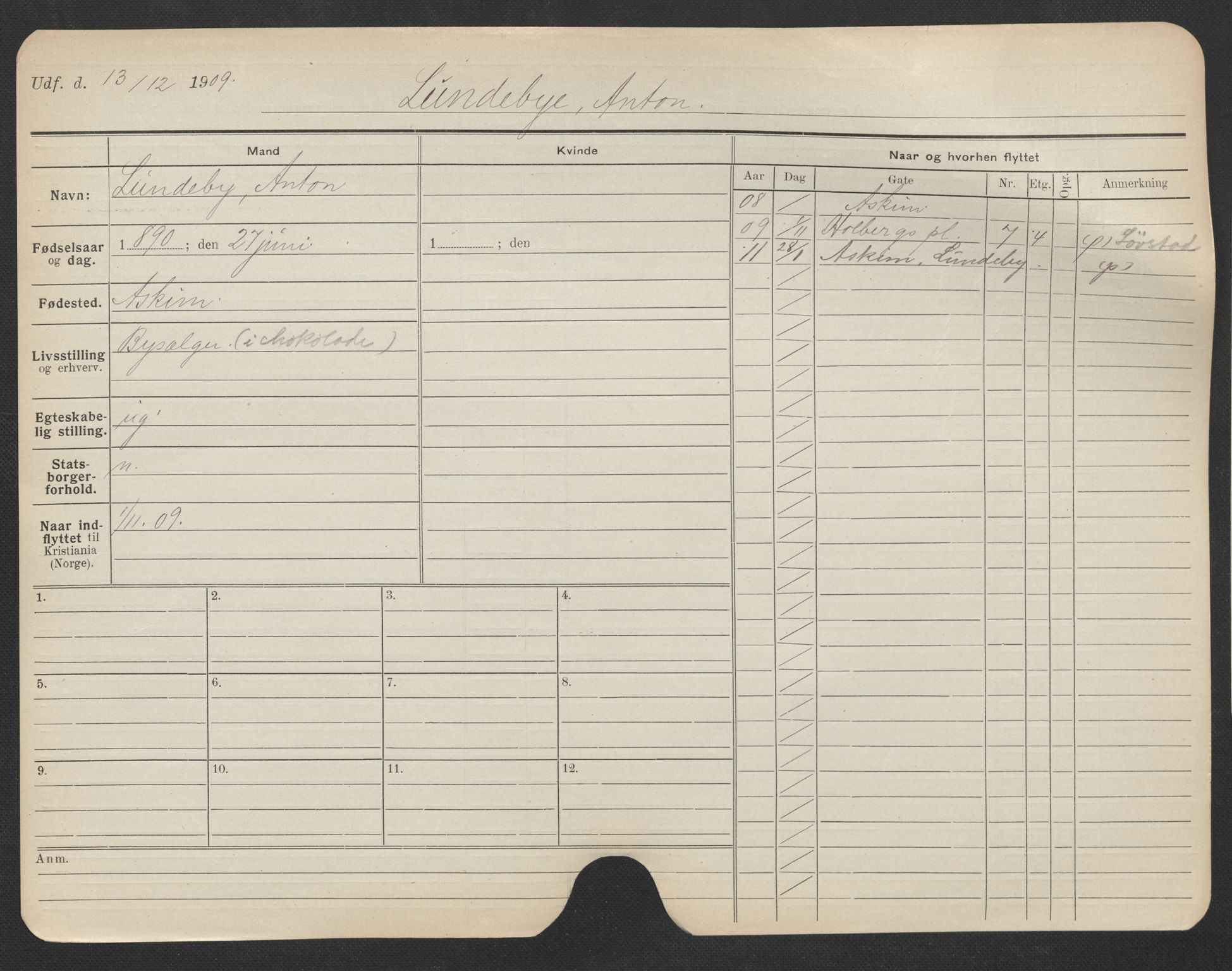 Oslo folkeregister, Registerkort, AV/SAO-A-11715/F/Fa/Fac/L0007: Menn, 1906-1914, p. 295a