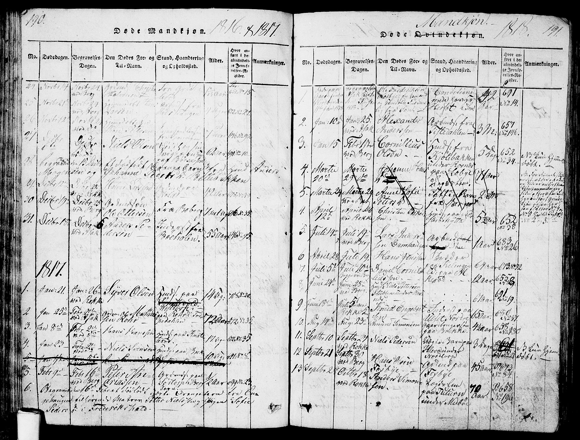 Berg prestekontor Kirkebøker, AV/SAO-A-10902/G/Ga/L0001: Parish register (copy) no. I 1, 1815-1832, p. 190-191