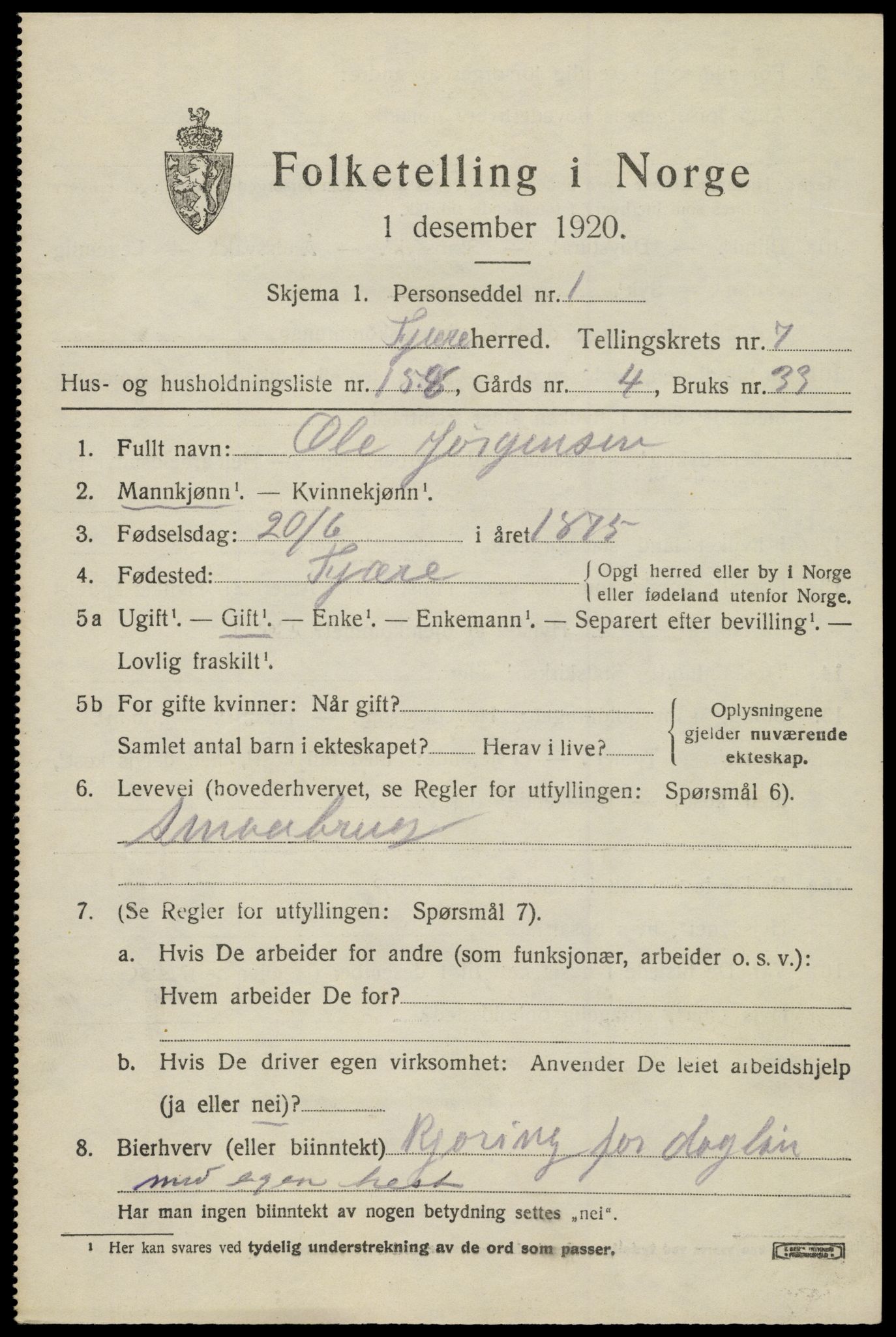 SAK, 1920 census for Fjære, 1920, p. 10029