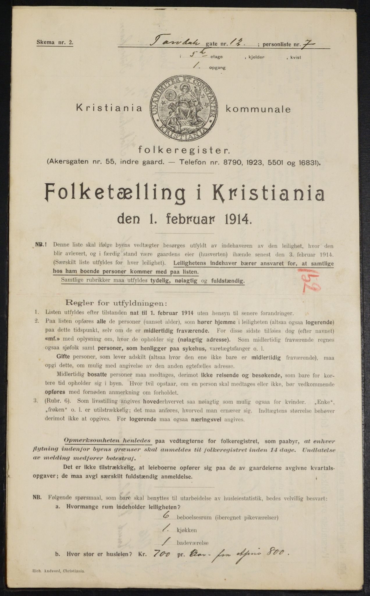 OBA, Municipal Census 1914 for Kristiania, 1914, p. 115957