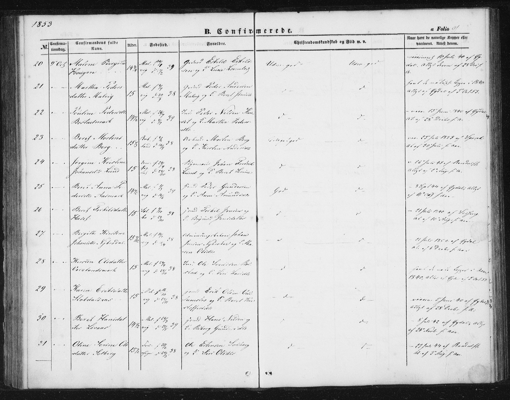 Ministerialprotokoller, klokkerbøker og fødselsregistre - Sør-Trøndelag, SAT/A-1456/616/L0407: Parish register (official) no. 616A04, 1848-1856, p. 91