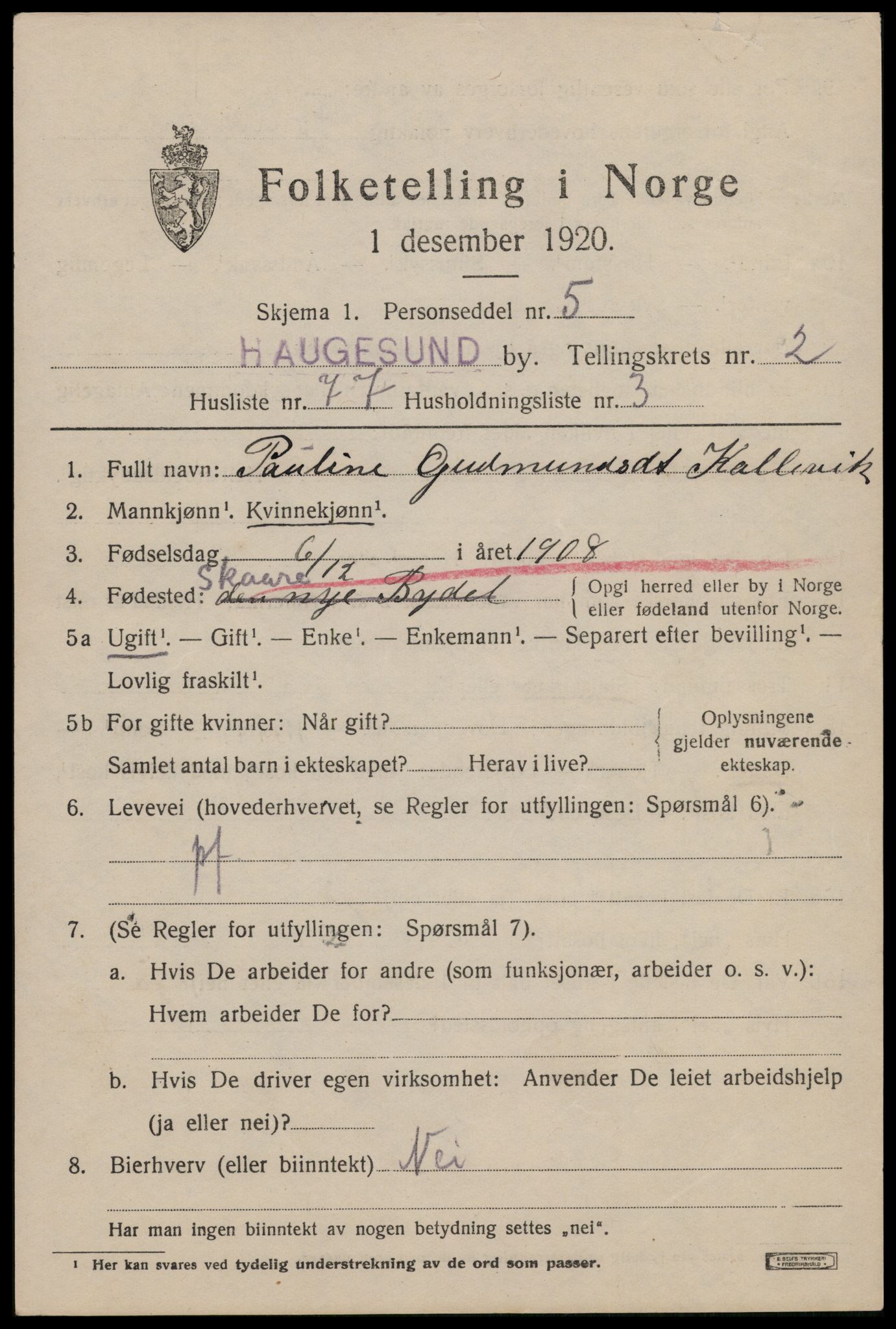 SAST, 1920 census for Haugesund, 1920, p. 14339